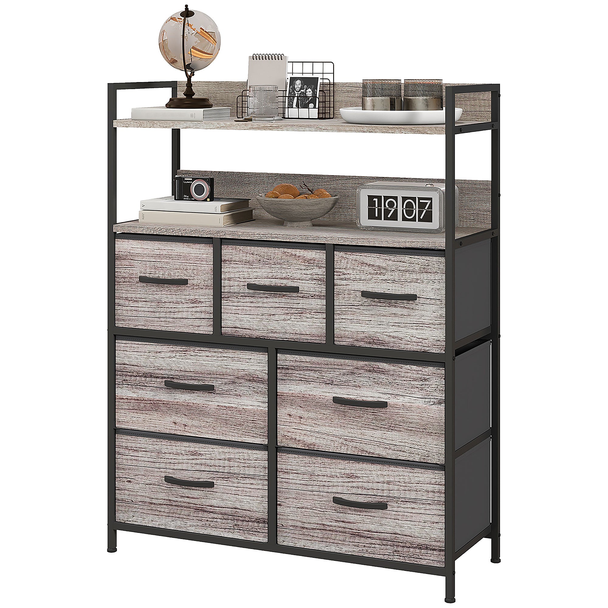 Rustic Chest of Seven Fabric Drawers - Grey Wood Effect