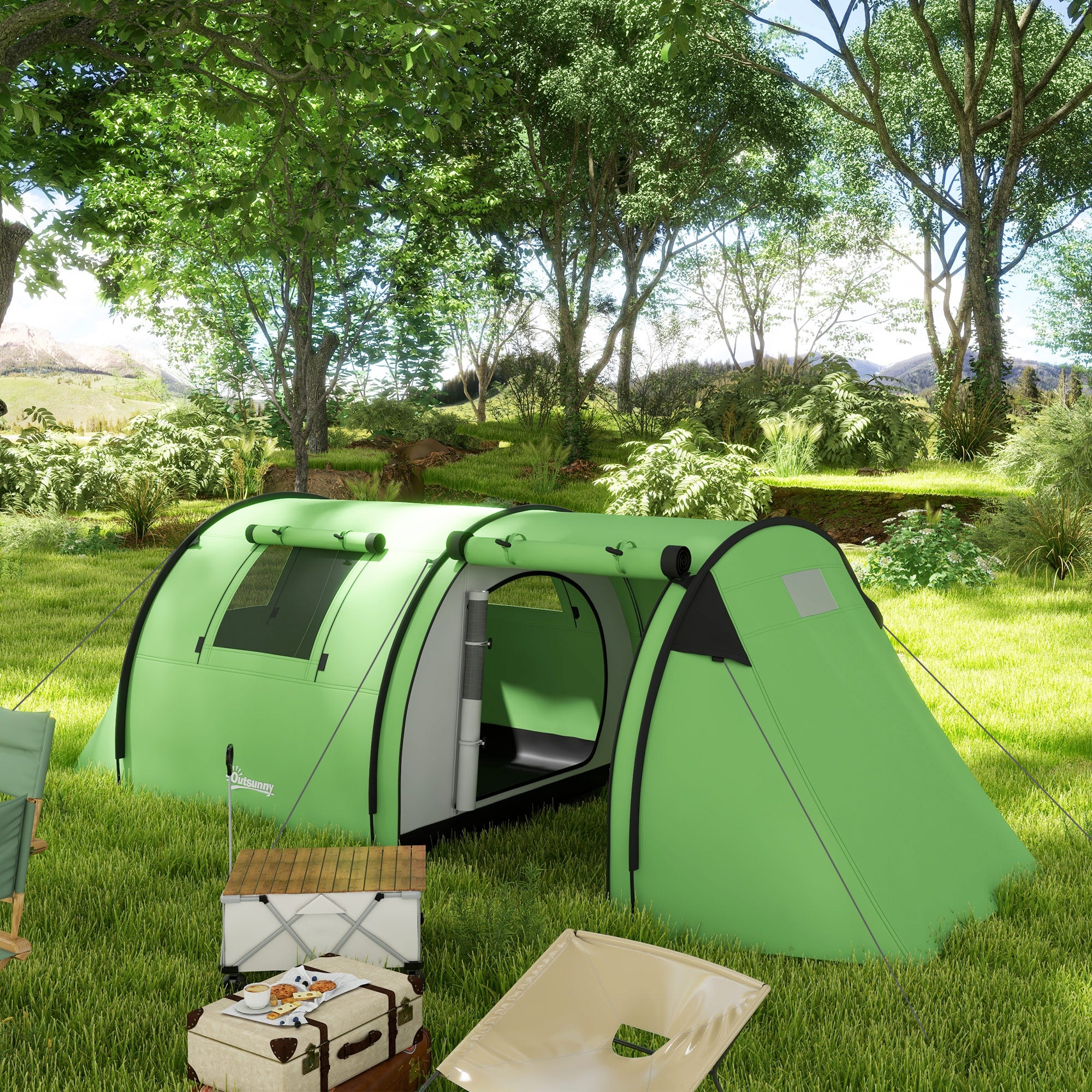 Four Man Duo Room Tunnel Tent, with Accessories - Green