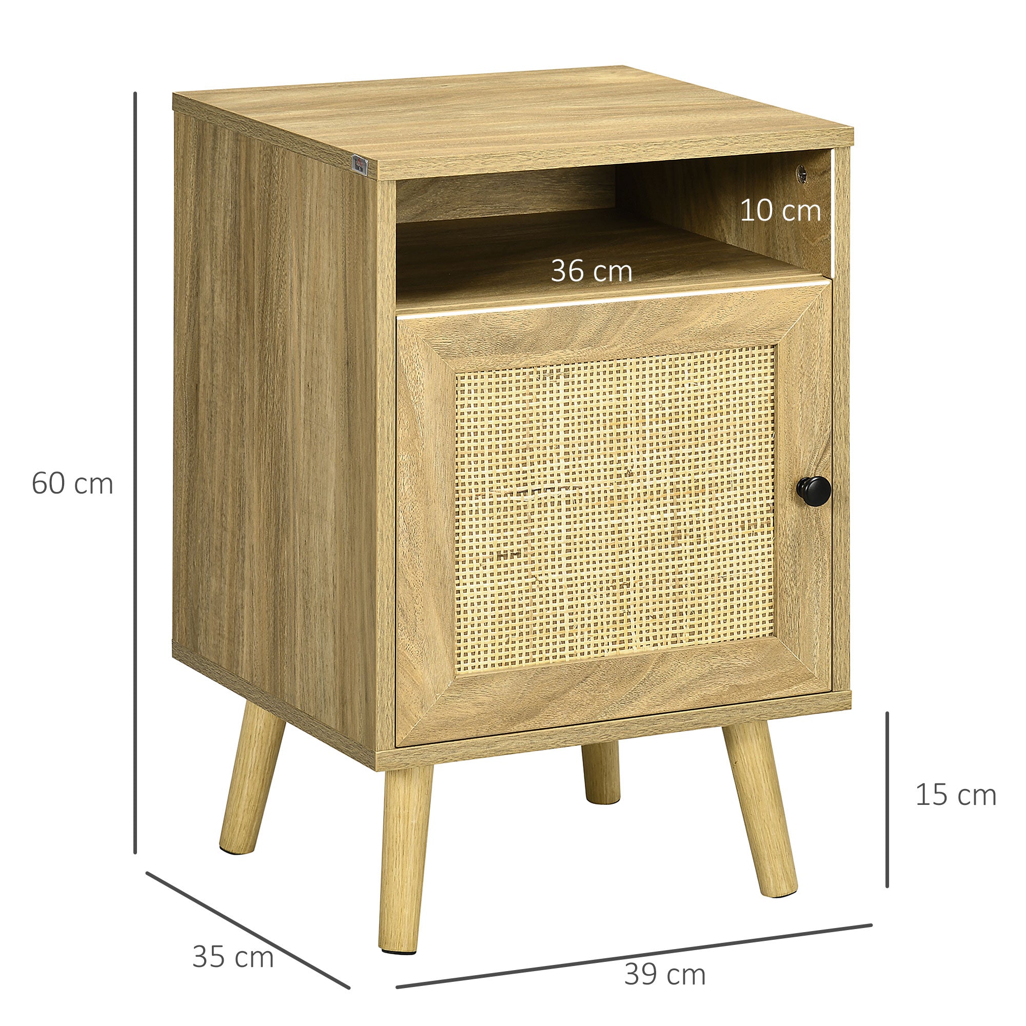Bedside Table with Rattan Panel, Shelf & Cupboard 39x35x60cm - Natural