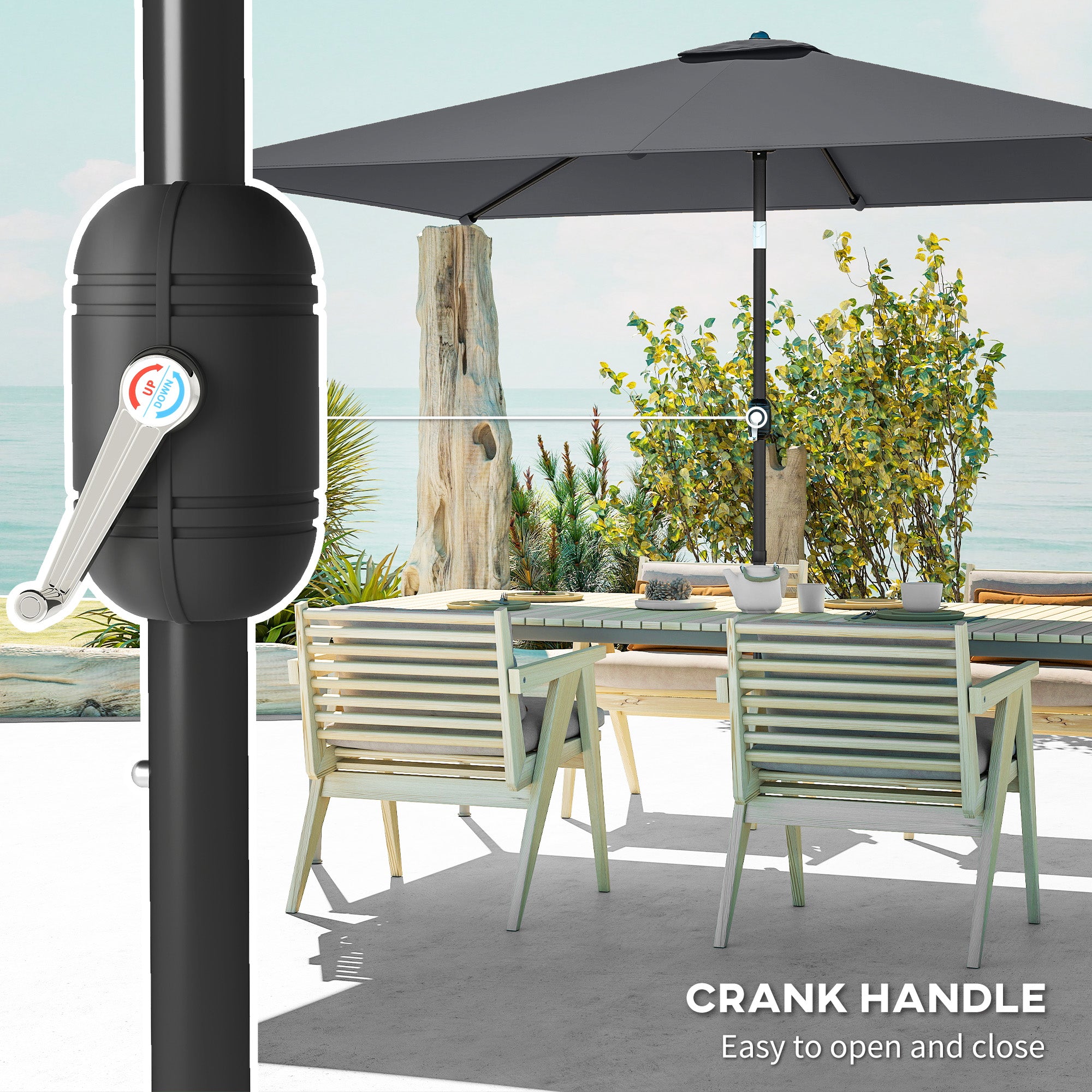 Garden Parasol, Parasol Umbrella with Crank Handle, Tilt Function, Polyester Canopy, Dark Grey