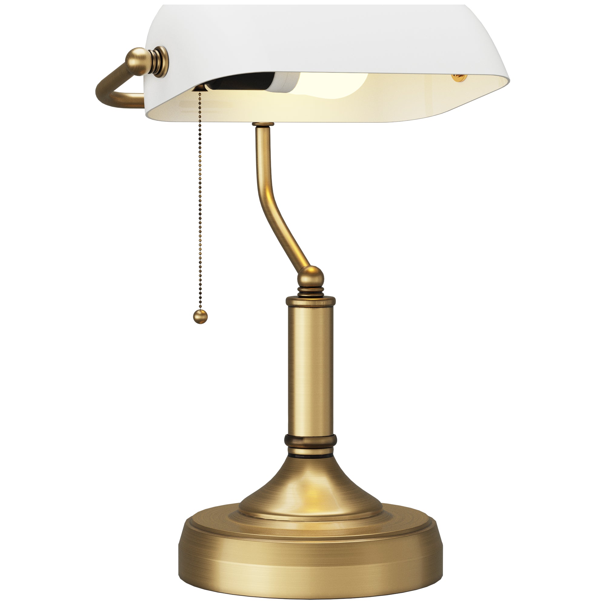 Banker's Desk Lamp with Antique Bronze Tone Base, Table Lamp with White Glass Shade for Home Office, White