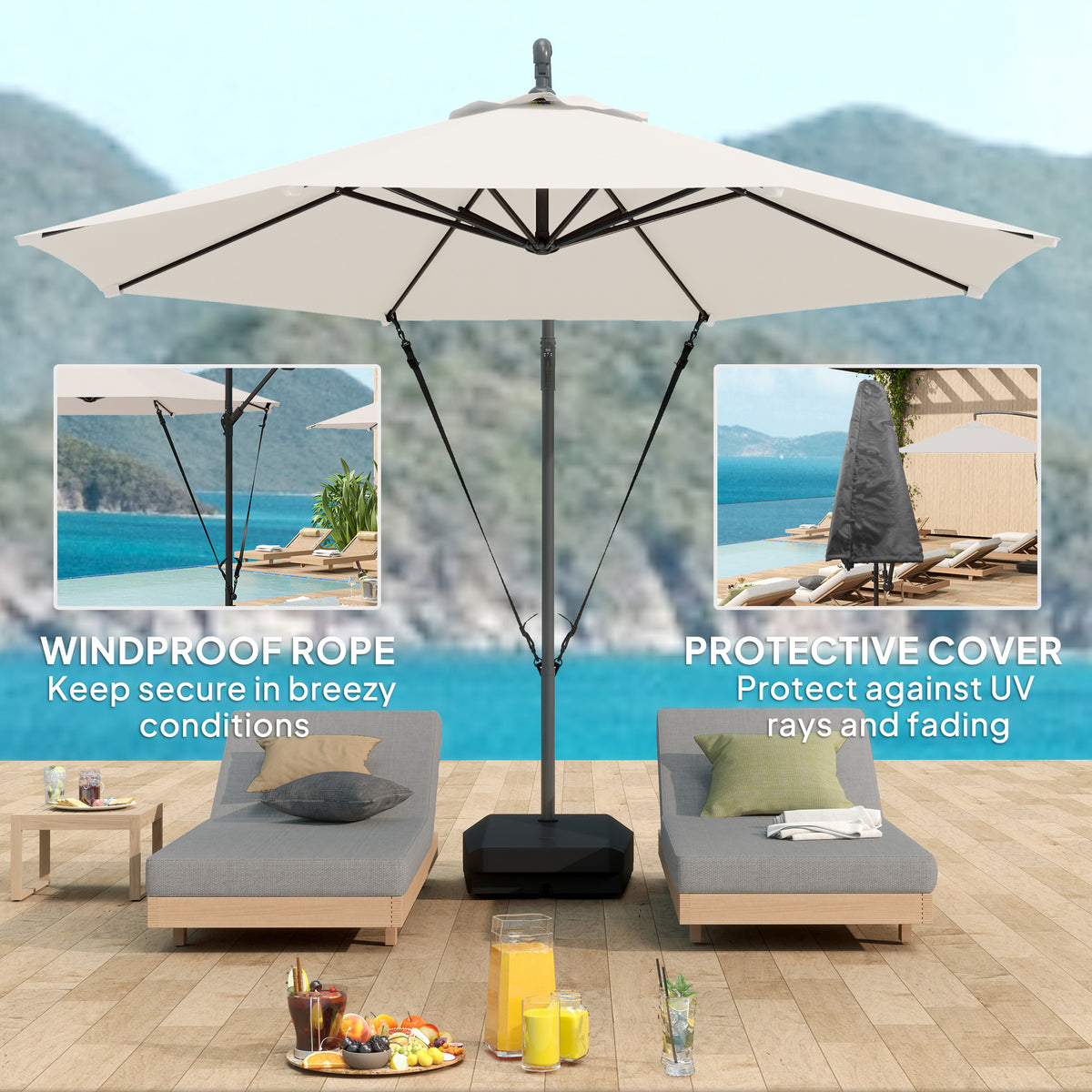 3m Garden Cantilever Parasol with Fillable Base, Wind Straps, Crank Handle & Tilt, UPF50+ Sun Shade - Cream