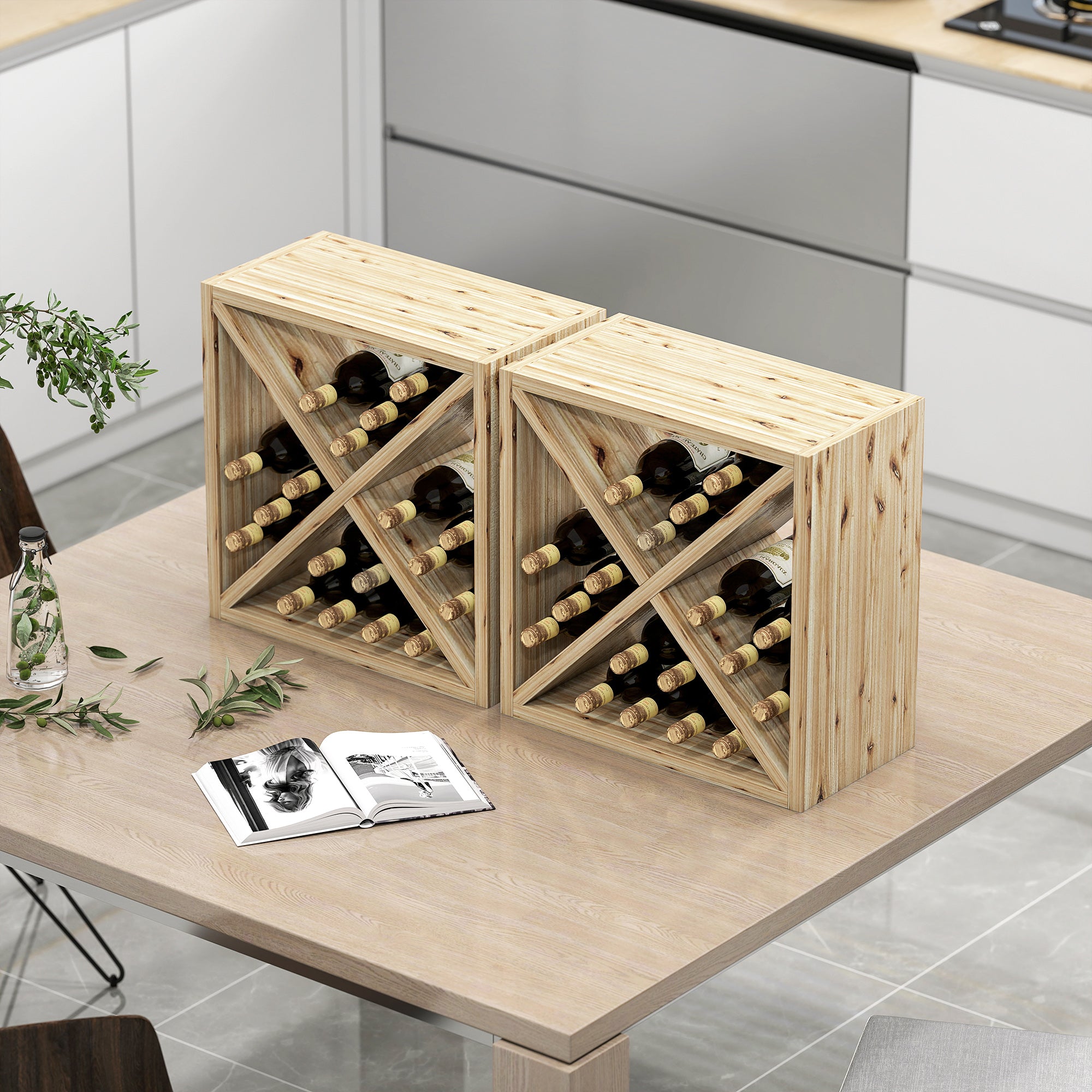 Set of 2 Wooden Wine Rack, X-Shaped Square Tabletop Storage Holder for 24 Bottle, Natural Wood