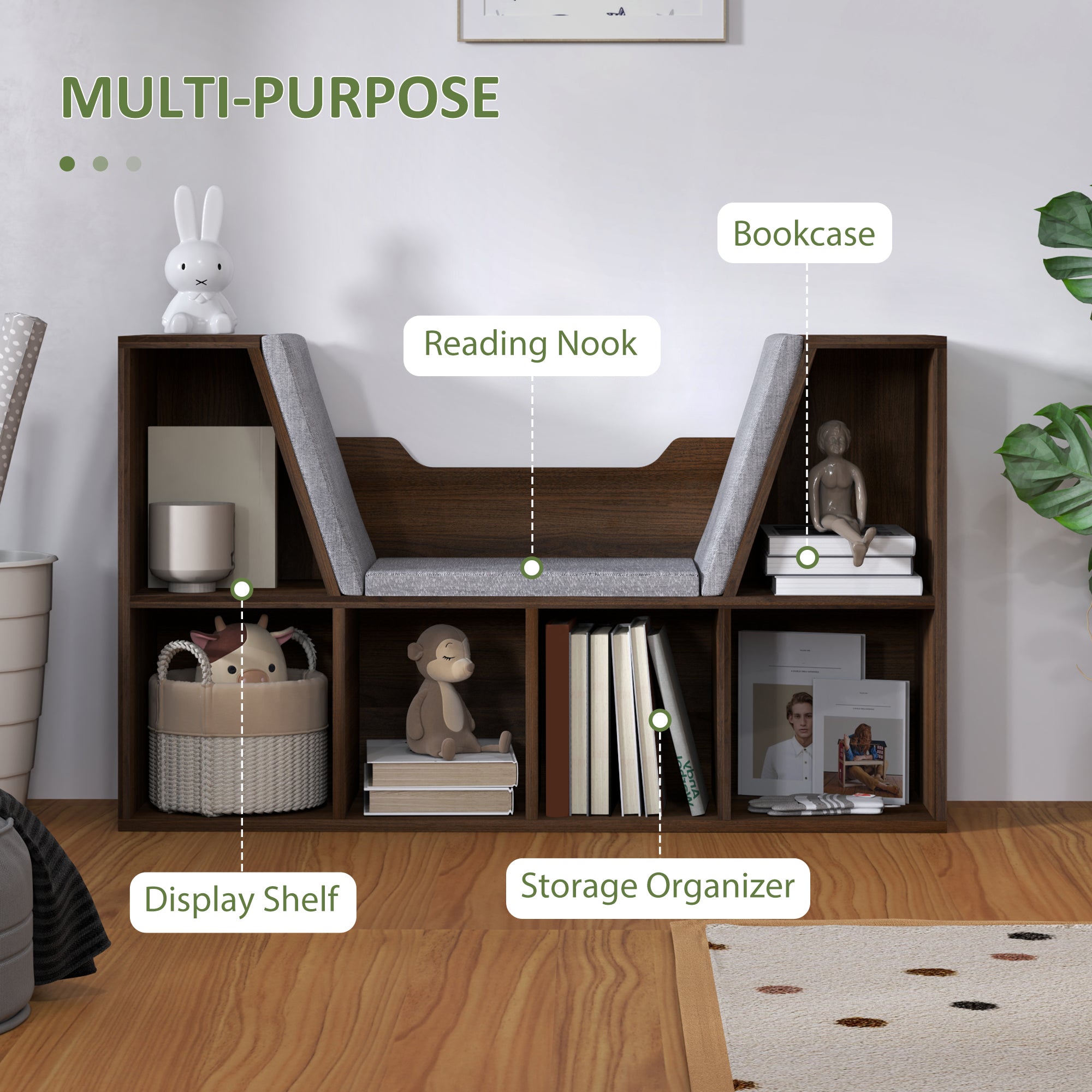 Bookcase Storage Shelf with Cushioned Reading Seat and Cube Organizer - Chestnut