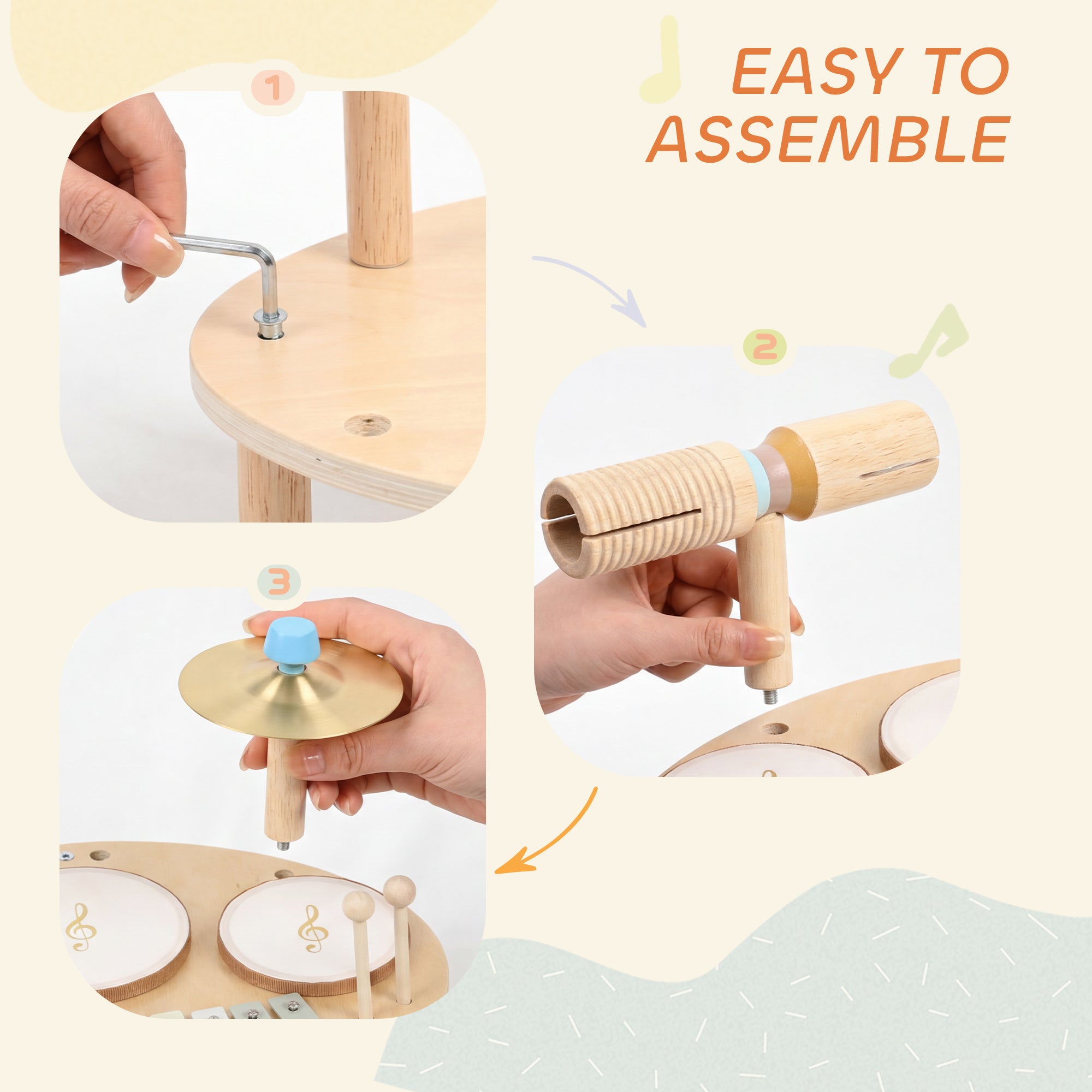 Baby Drum Kit, Wooden Kids Musical Instruments with Drums and Xylophone, Gifts for Girls Boys Birthday, Natural