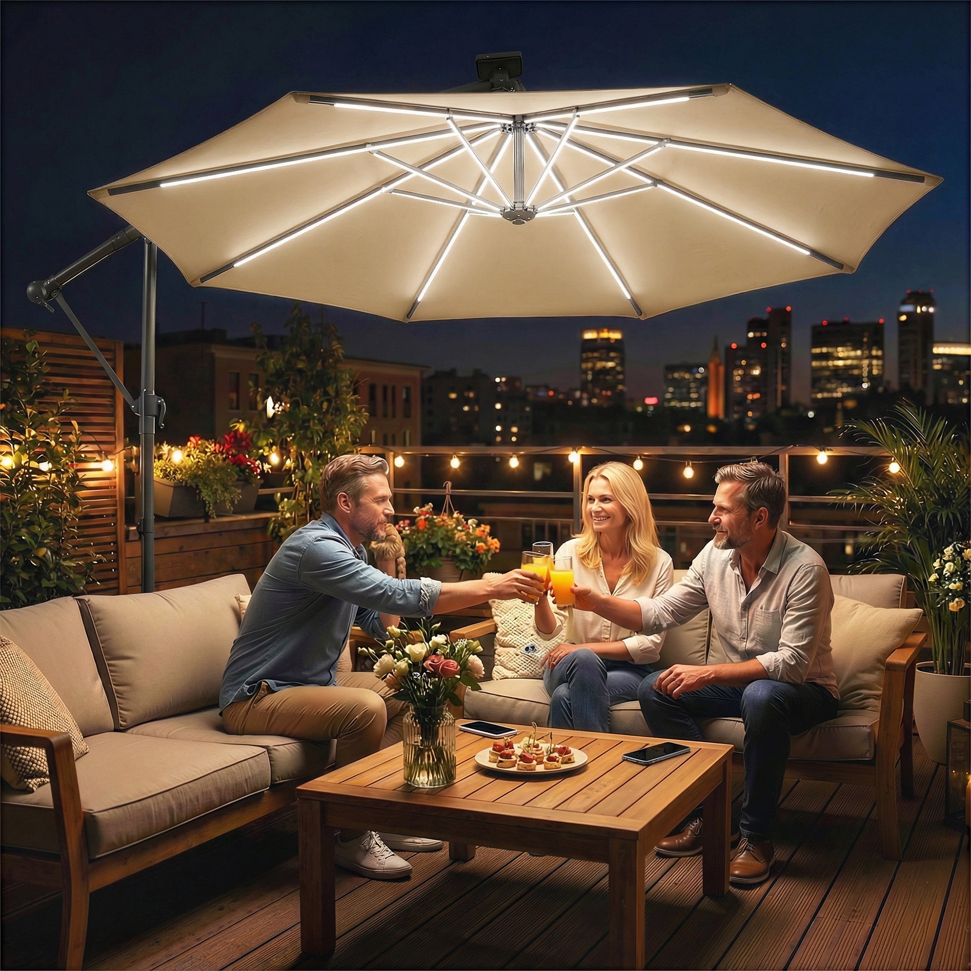 3 m Garden Cantilever Parasol with LED Solar Light, Round Overhanging Umbrella with 360° Rotation, Cover, Khaki