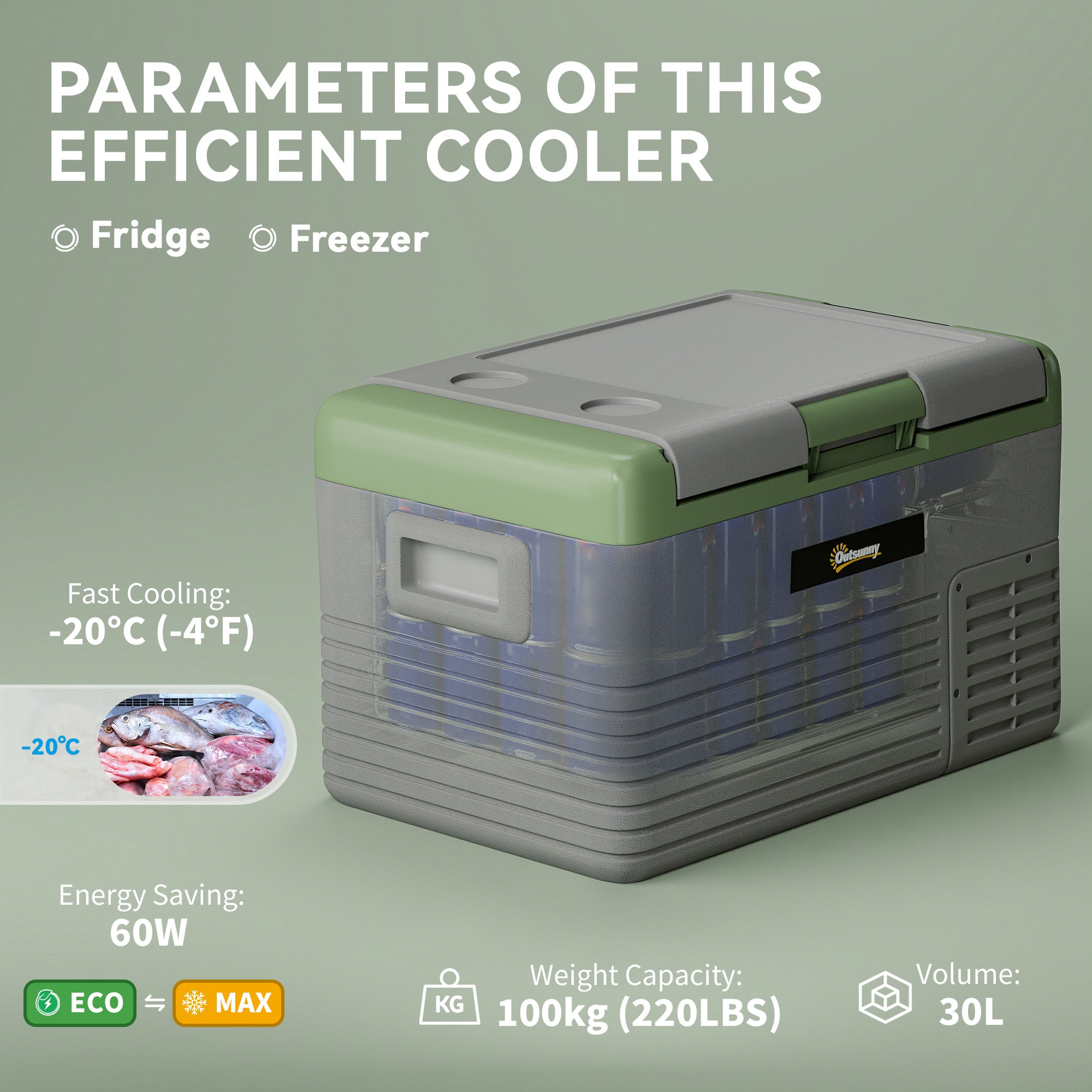 30L Portable Car Refrigerator - Light Green and Grey