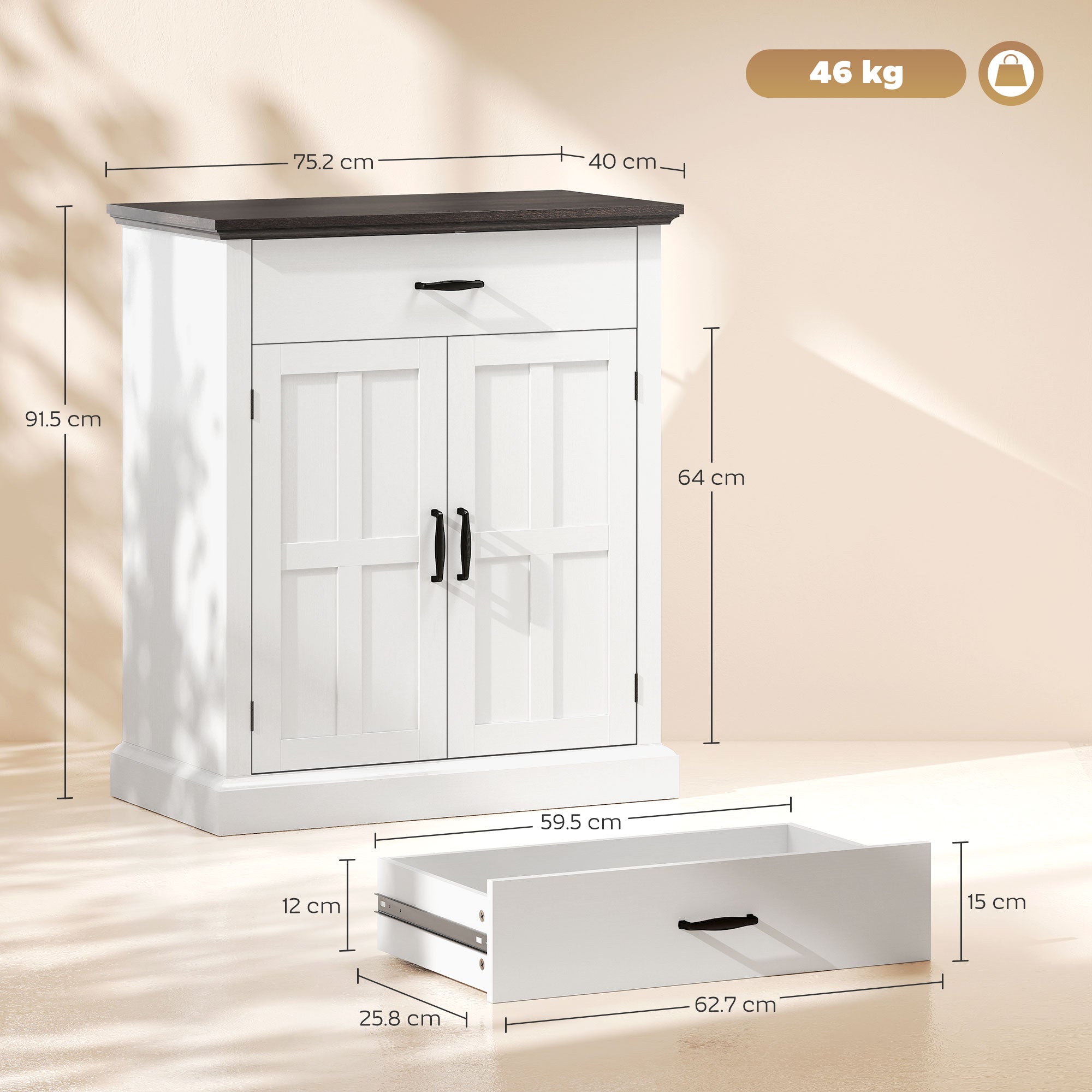 Farmhouse Sideboard with 3 cm Thick Top 2 Barn Doors - White