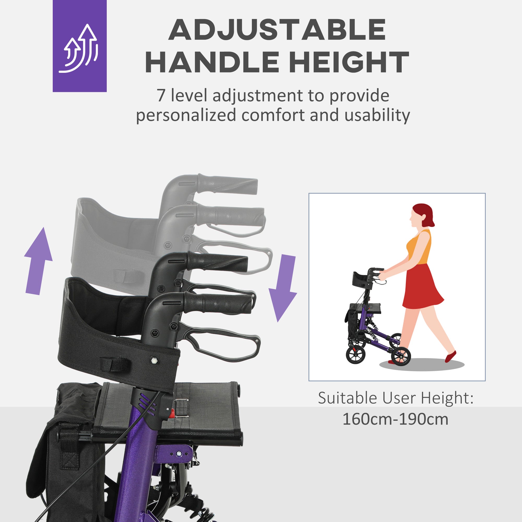 Folding Rollator Walker with Seat, Backrest, Lightweight Walking Frame with Storage Bag, Dual Brakes, Adjustable Handle Height, Suspension System, 4 Wheeled Walker for Seniors, Purple