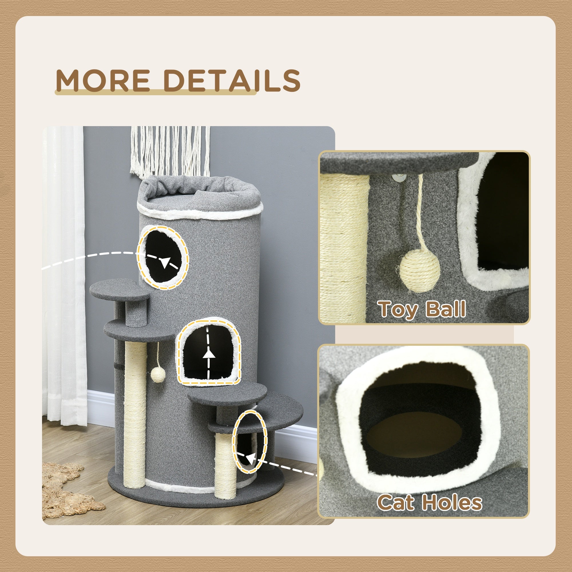 Barrel Shaped Cat Tree with Sisal Scratching Posts, Cat Bed, Platforms, Hanging Ball, Grey, Grey