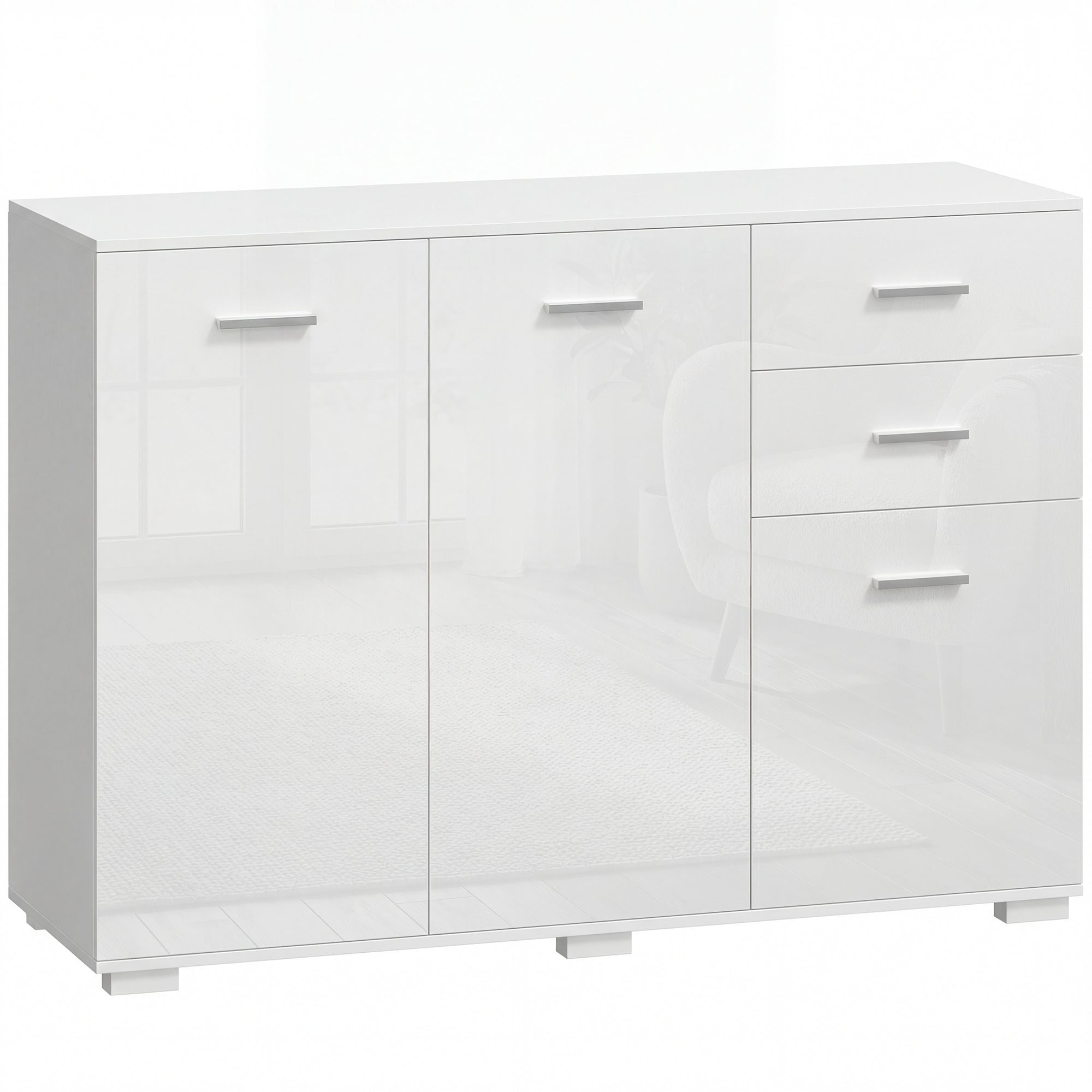 Sideboard, Modern Storage Cabinet with 2 Drawers, 3 Doors and Adjustable Shelves, High Gloss White