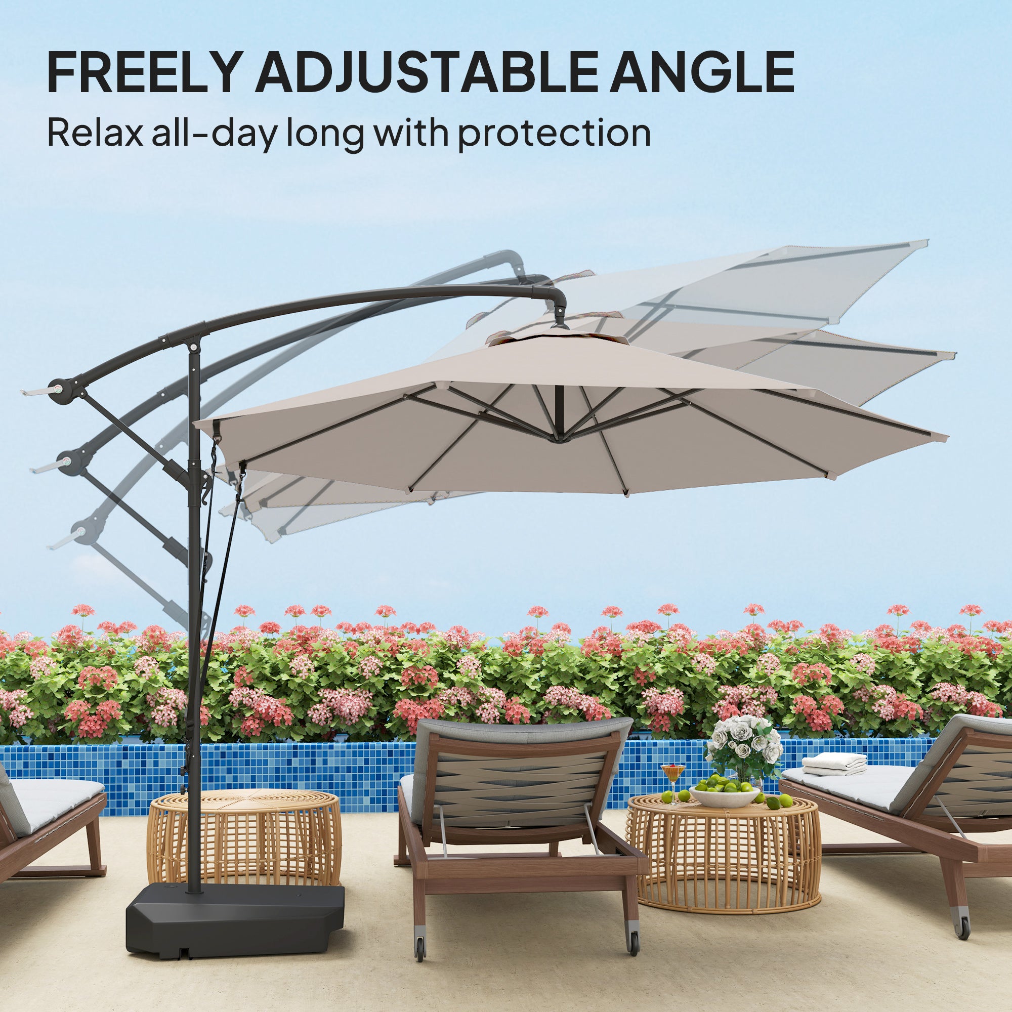 3m Garden Cantilever Parasol with Fillable Base, Wind Straps, Crank Handle & Tilt, UPF50+ Sun Shade - Cream