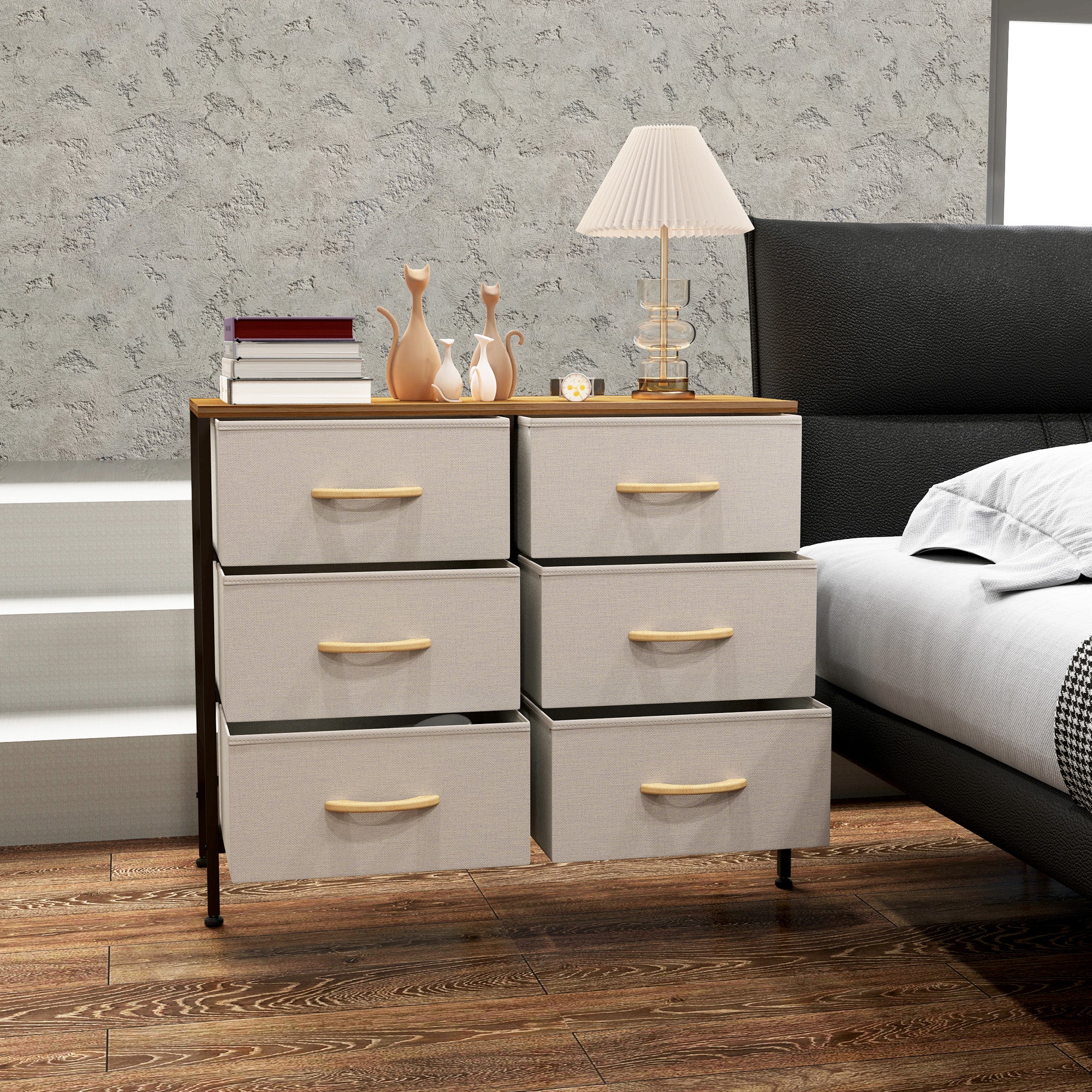 Fabric Chest of Drawers with 6 Storage Drawers, Steel Frame & Wooden Top - Cream White