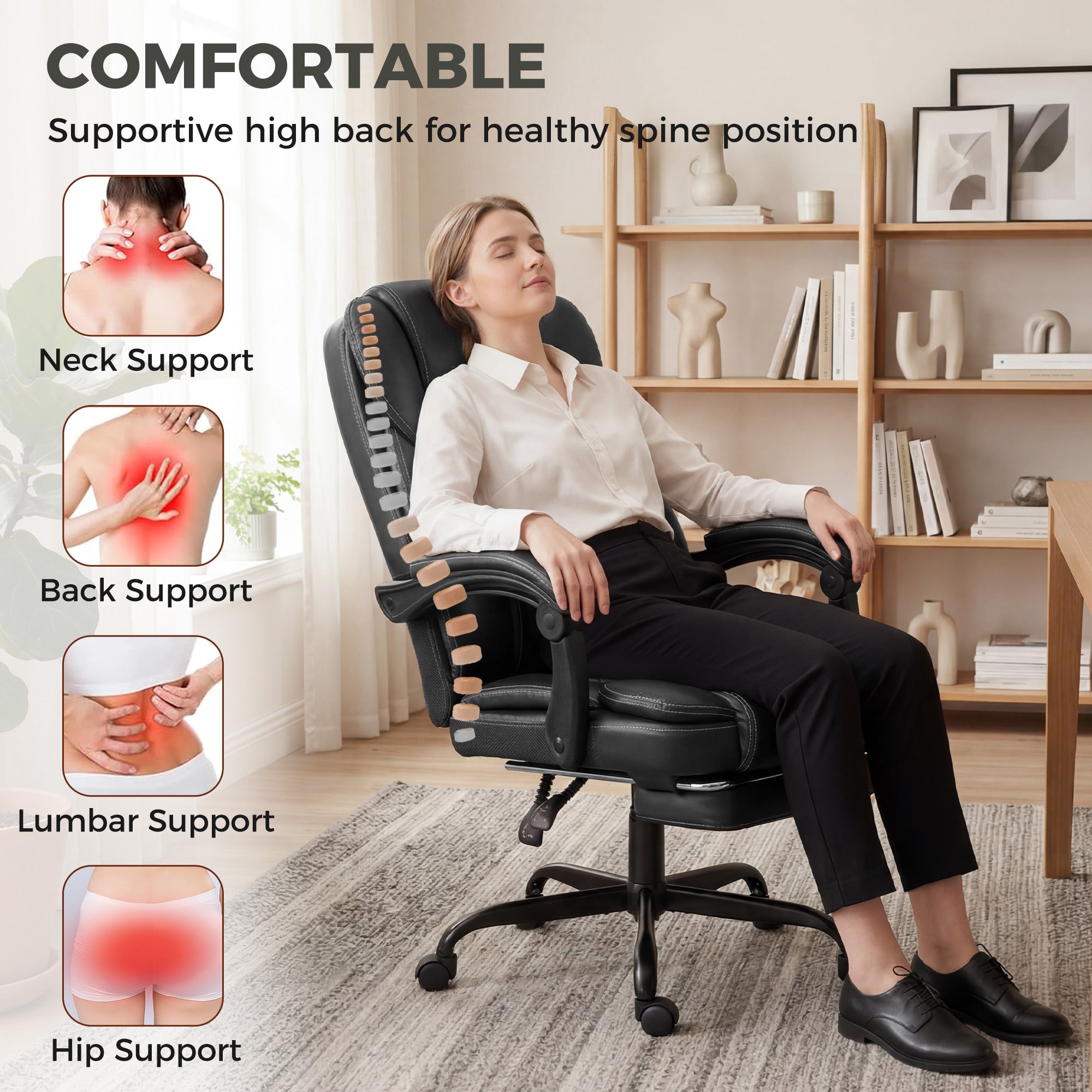 Executive Home Office Chair Reclining Function Footrest Computer Desk Chair High Back, Black