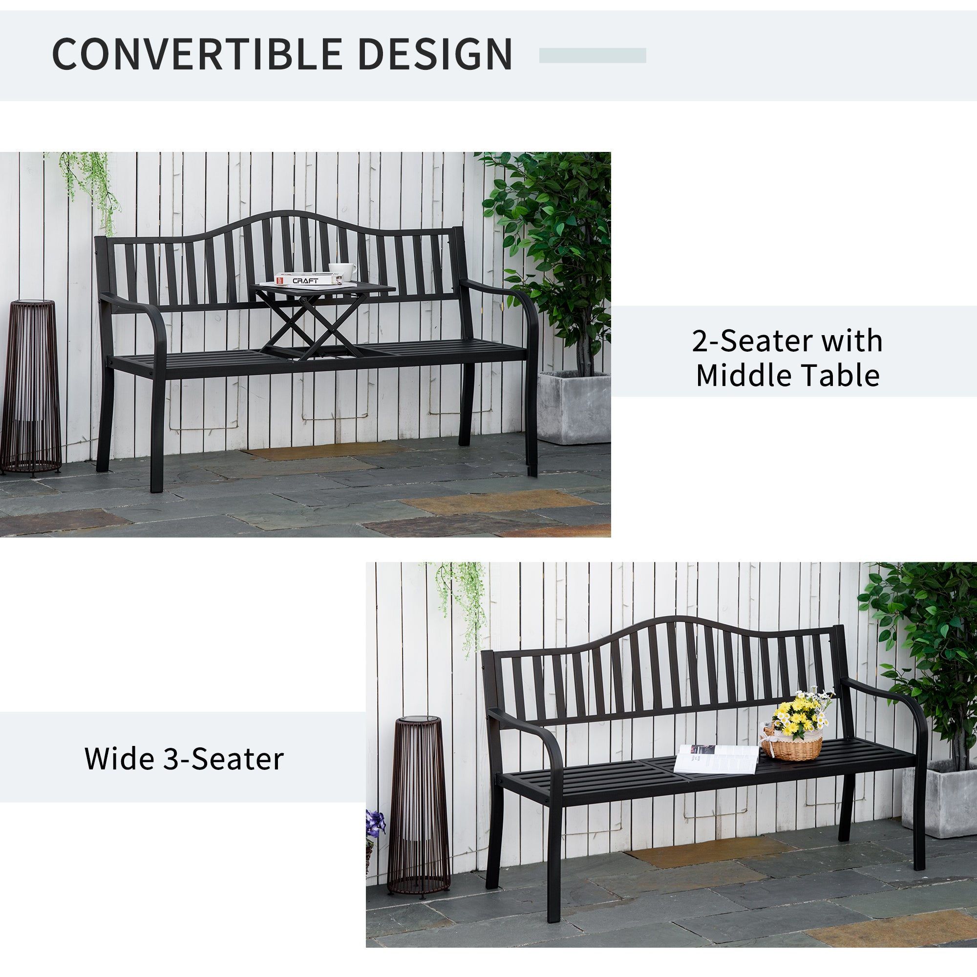 Metal Outdoor Bench with Liftable Middle Table, Patio Loveseat, Garden Bench for Garden, Porch, Seats 2–3 People, Black