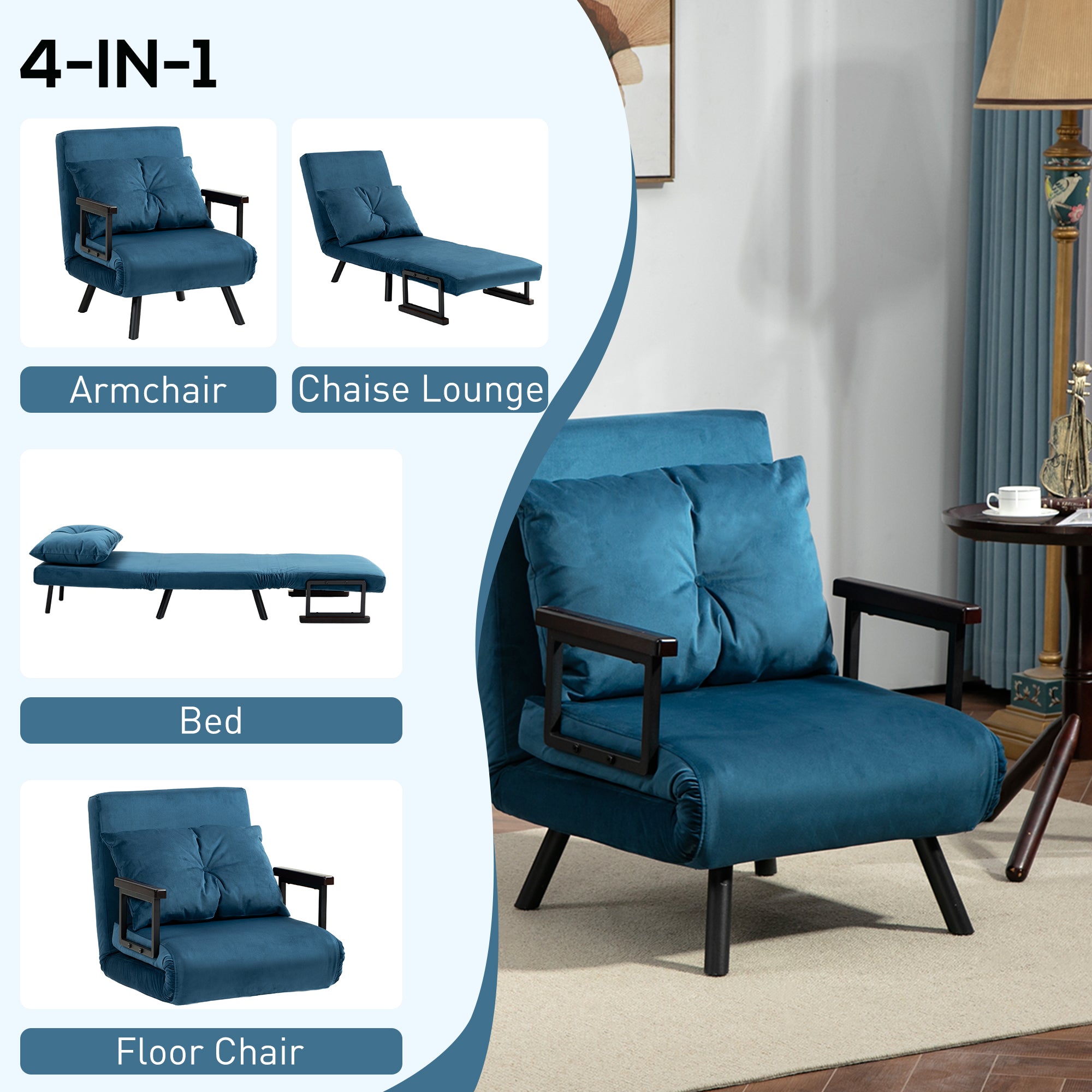 4-in-1 Velvet-Feel Single Chair Bed, with Pillow - Navy Blue