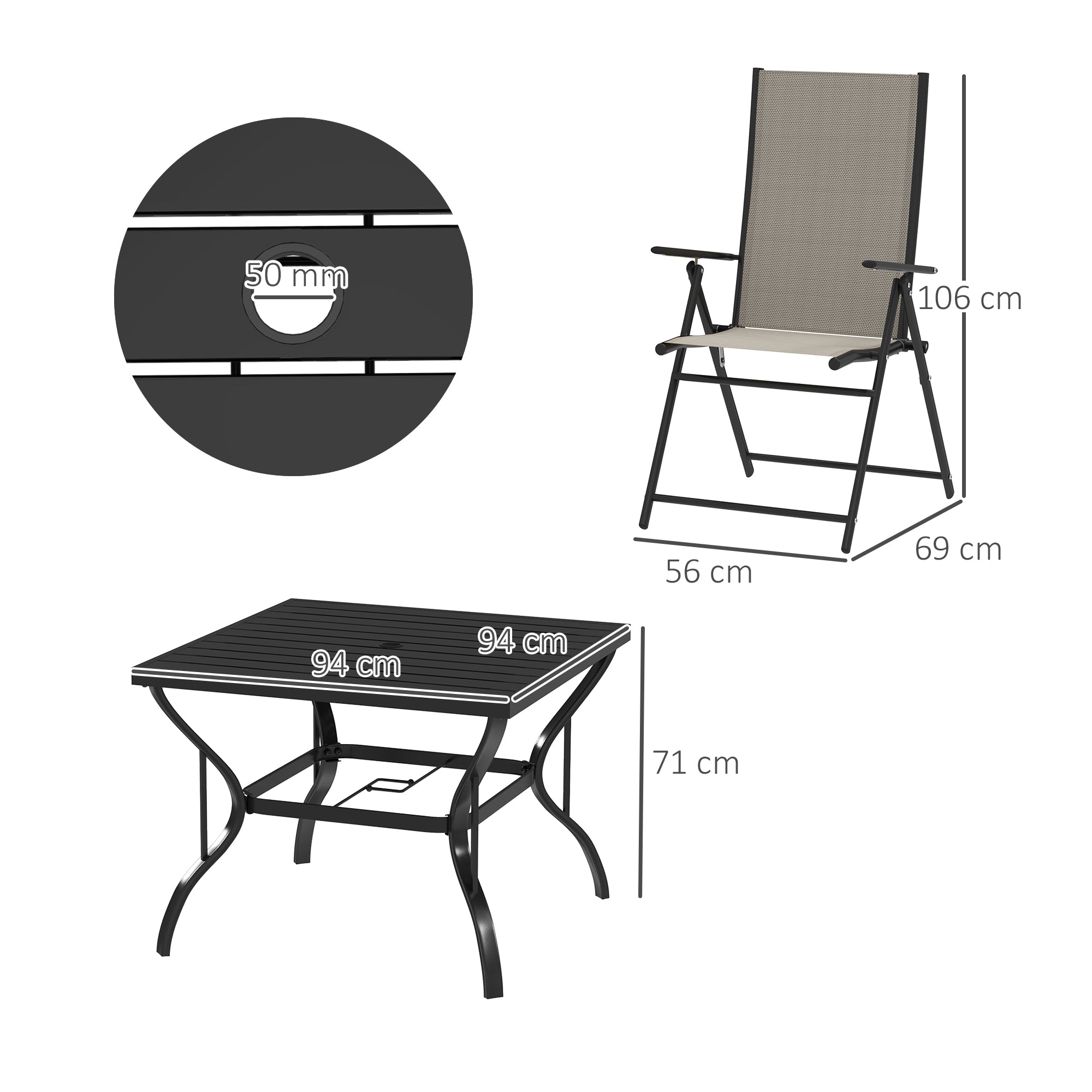 5 Piece Steel Frame Patio Dining Set with Folding Chairs - Khaki Black