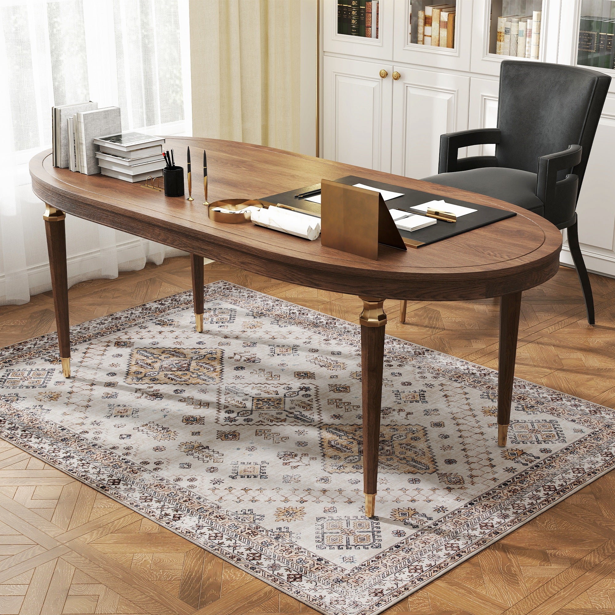 Vintage Area Rug, Non-Slip Washable Rug, Flannel Floor Carpet for Living Room, Bedroom, Dining Room, Home Office, 170 x 120 cm, Beige