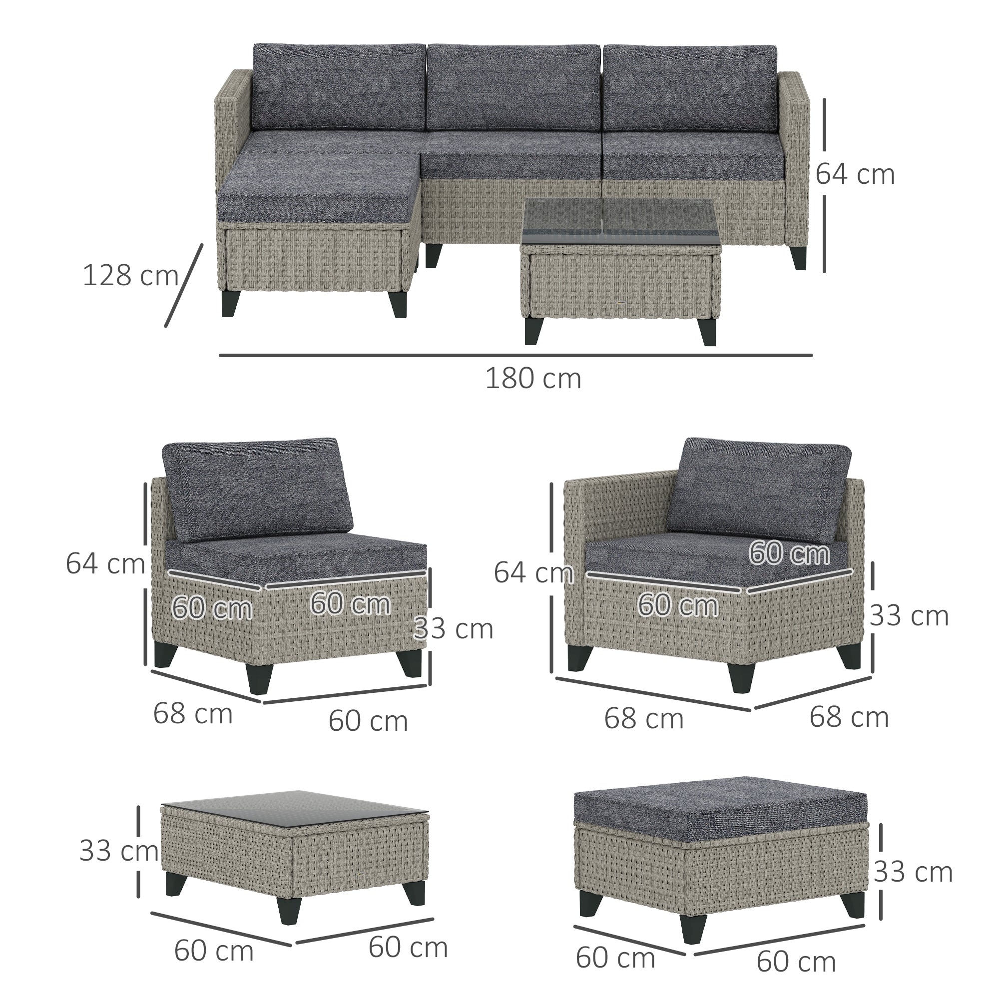 5 Piece Rattan Patio Furniture Set with Cushions - Dark Grey
