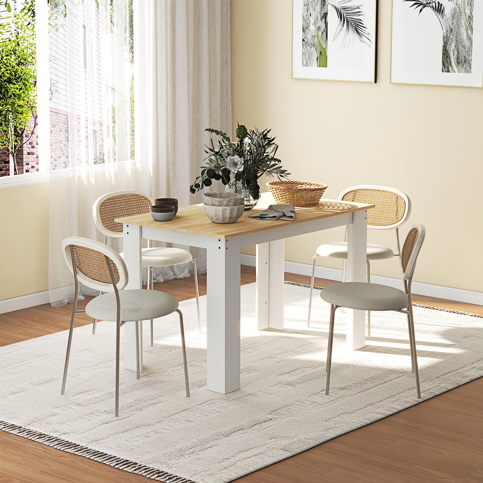 Dining Table for 4-6 People, Kitchen Table with Wood Effect for Dining Room, Oak and White