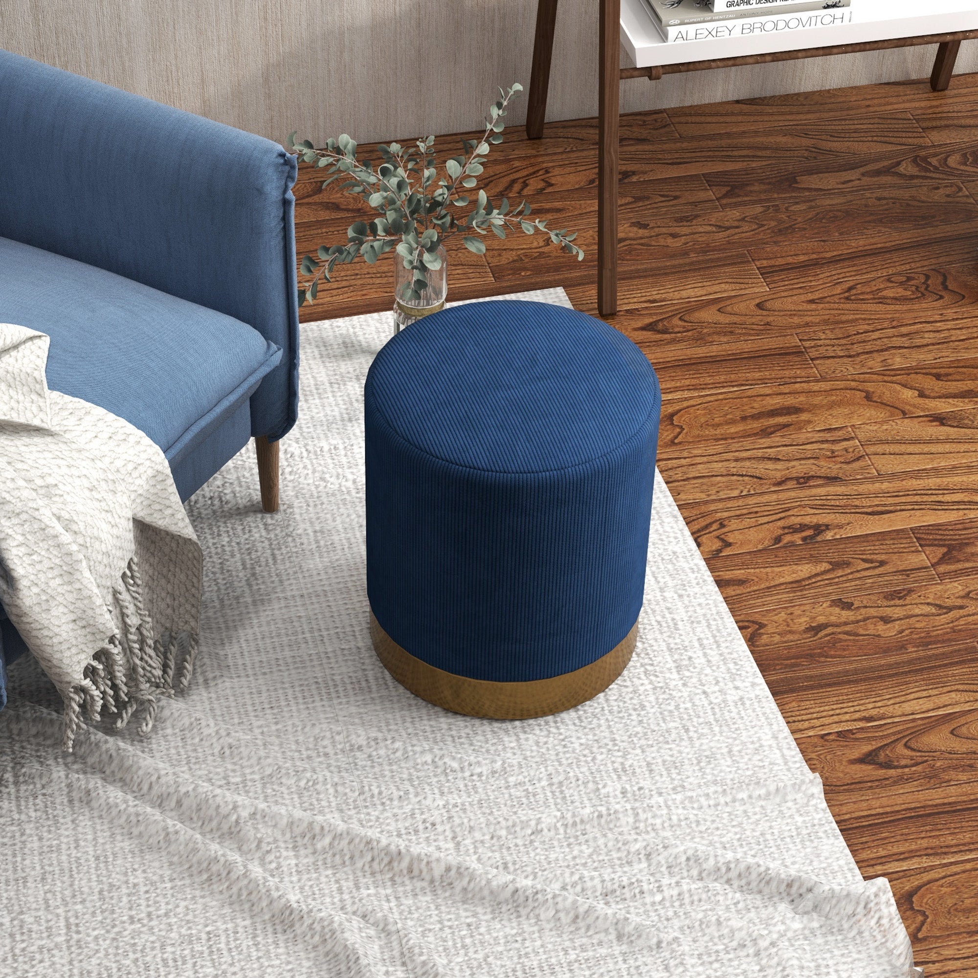 Soft Padded Corduroy Footstool - Dark Blue