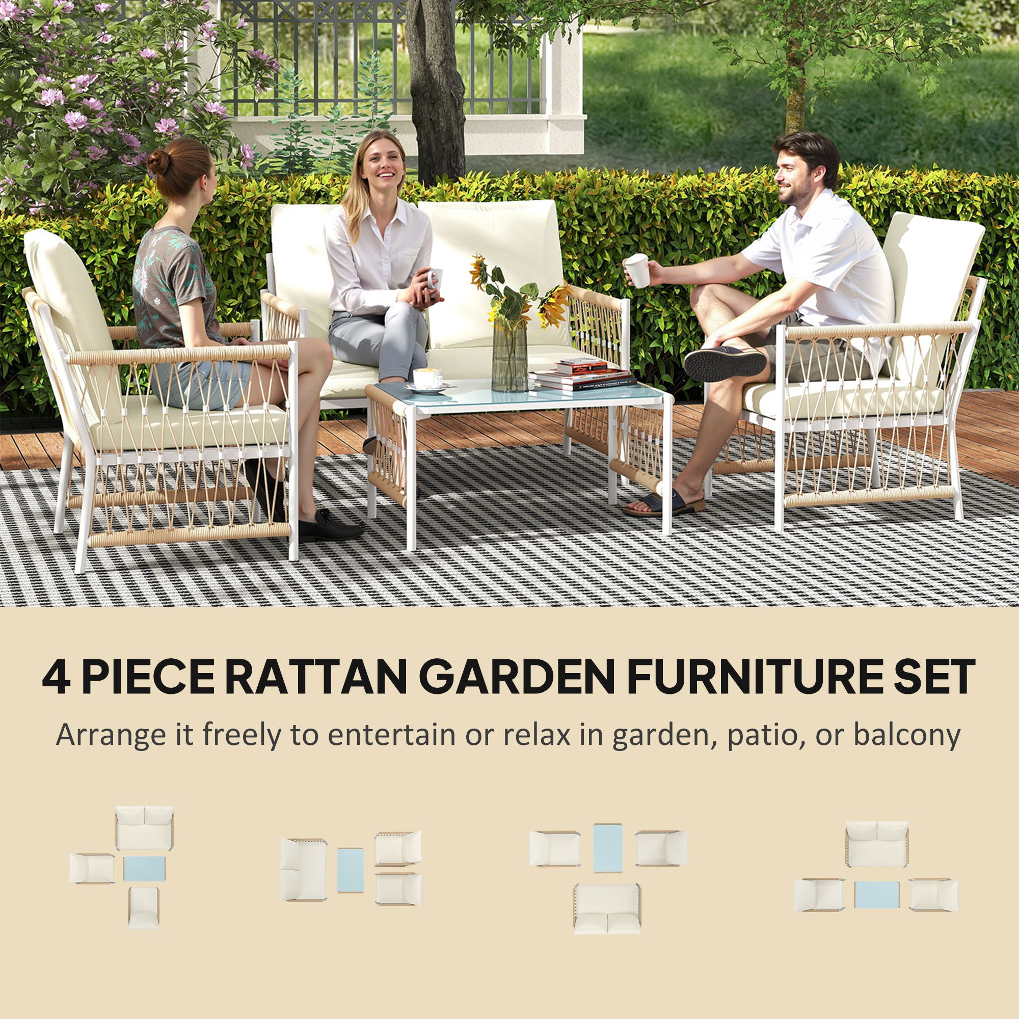 4 Piece Rattan Garden Furniture Set with Cushions - Khaki