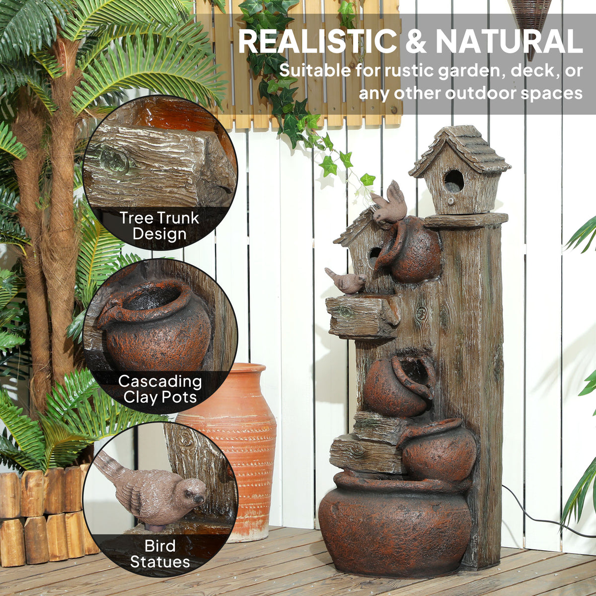 2-in-1 Resin Waterfall Fountain with Birdhouse and LED Lights, Tree Trunk Design - Multi-colour
