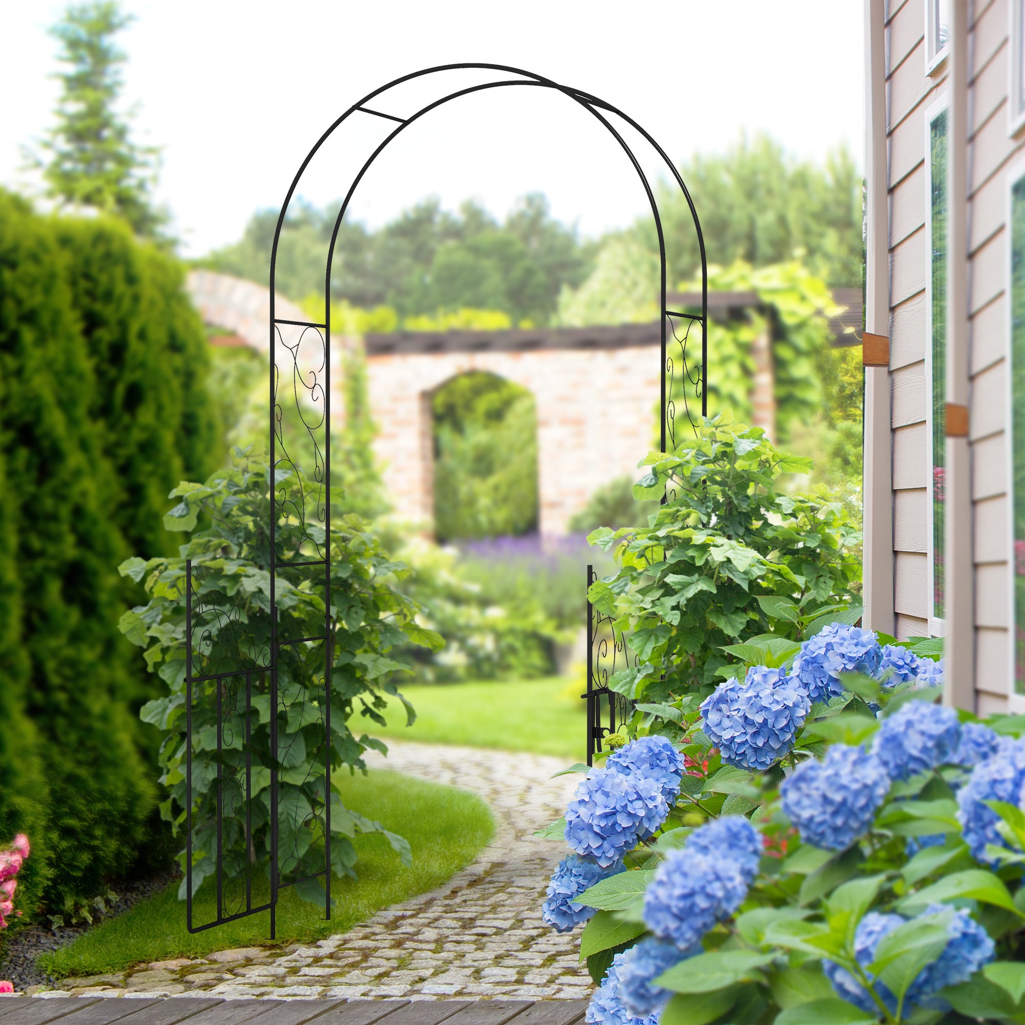Outdoor Garden Arch with Double Gates Metal Arbor for Climbing Plants Black