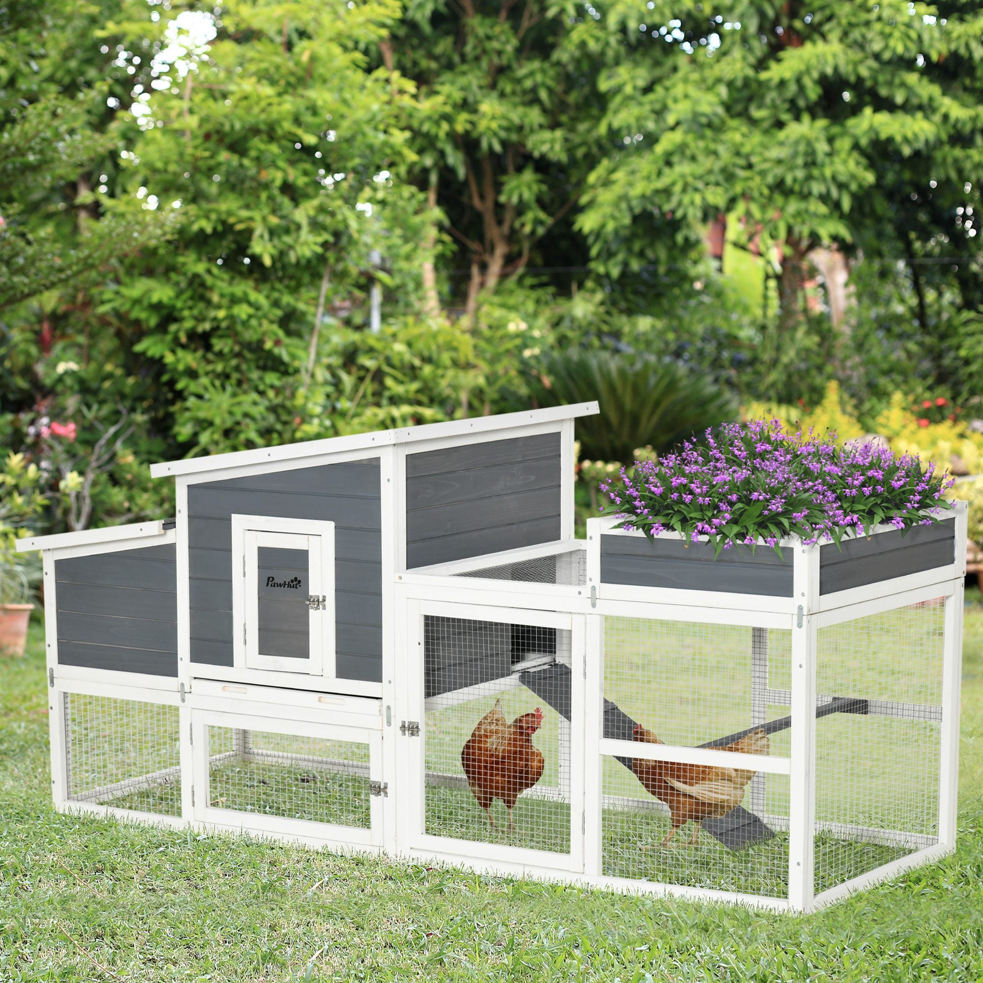 Deluxe Rabbit Hutch, Chicken Coop, Hen House, Wooden Poultry Cage with Plant Box, Openble Roof, Outdoor Run, Nesting Box, Removable Tray and Lockable Doors, 191.5 x 80 x 90cm