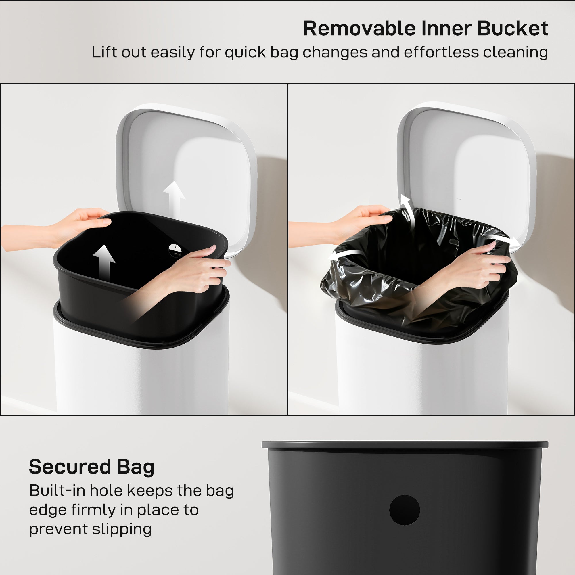 30L Kitchen Bin, Compact Pedal Bin with Soft-Close and Stay-Open Lid, Removable Bucket for Kitchen, Home, Office, White