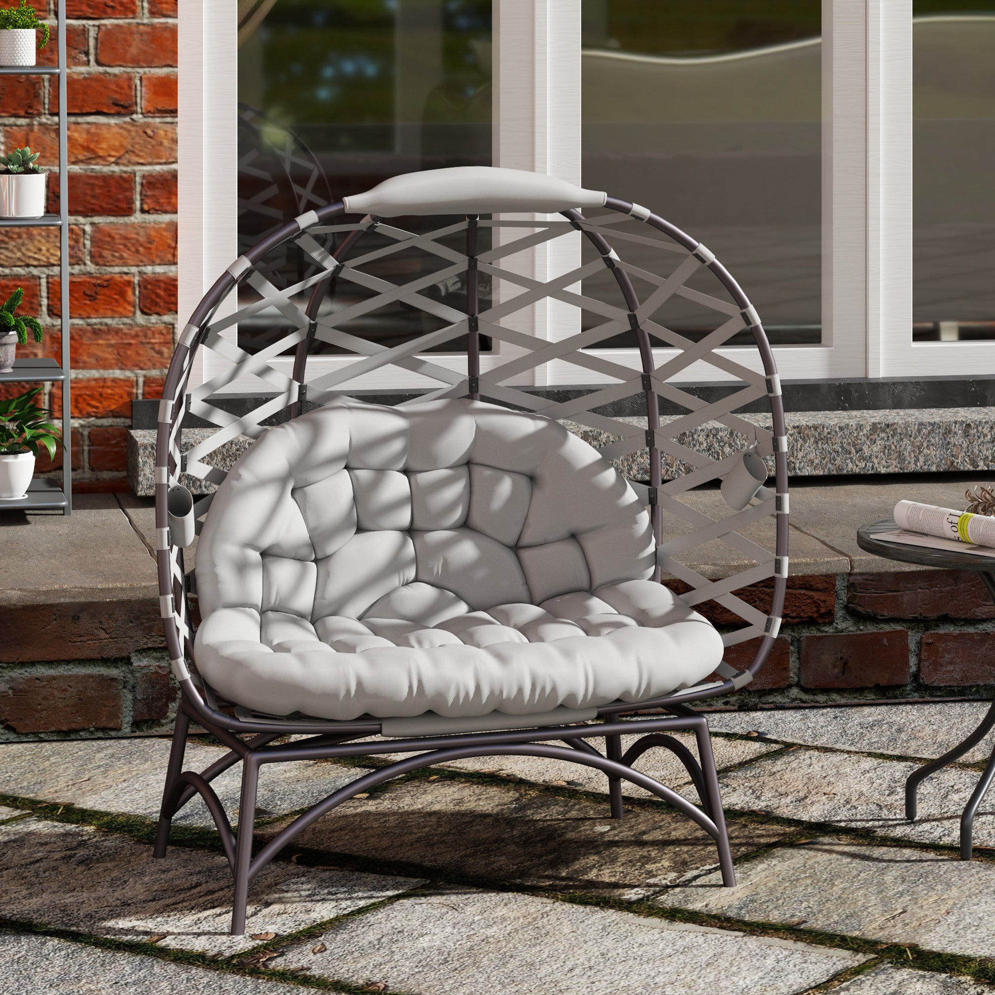 2 Seater Folding Egg Chair with Cushions and Cup Pockets - Light Grey