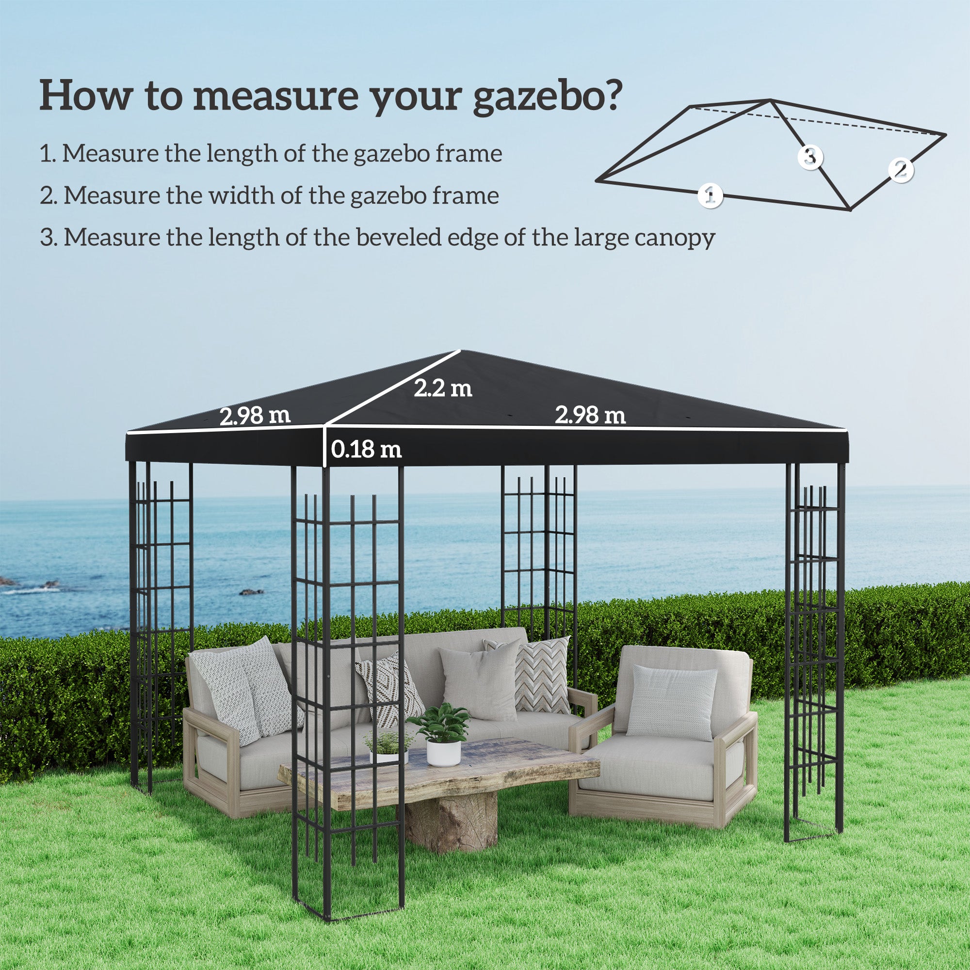 3 Piece Polyester Gazebo Canopy Replacement with UPF30 Black