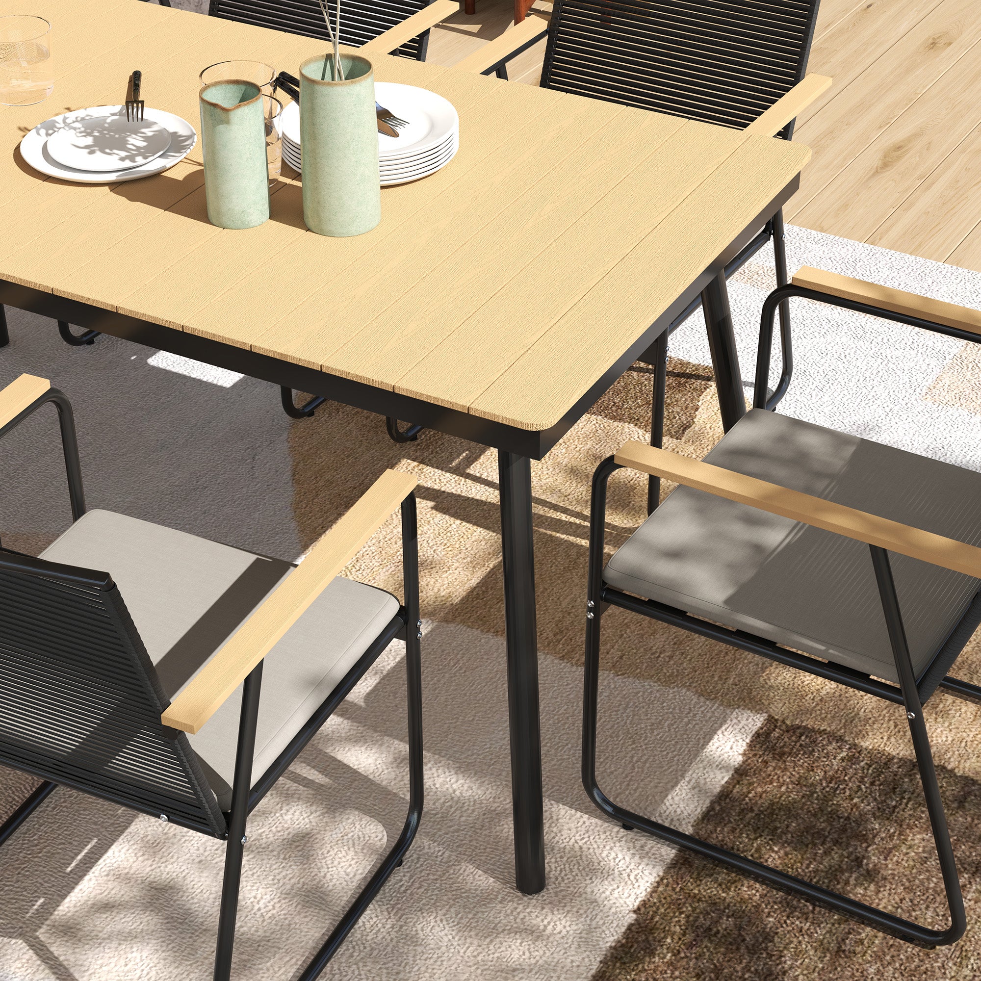 6 Seater Garden Dining Set with Cushions and Weatherproof Table - Nature Wood Finish