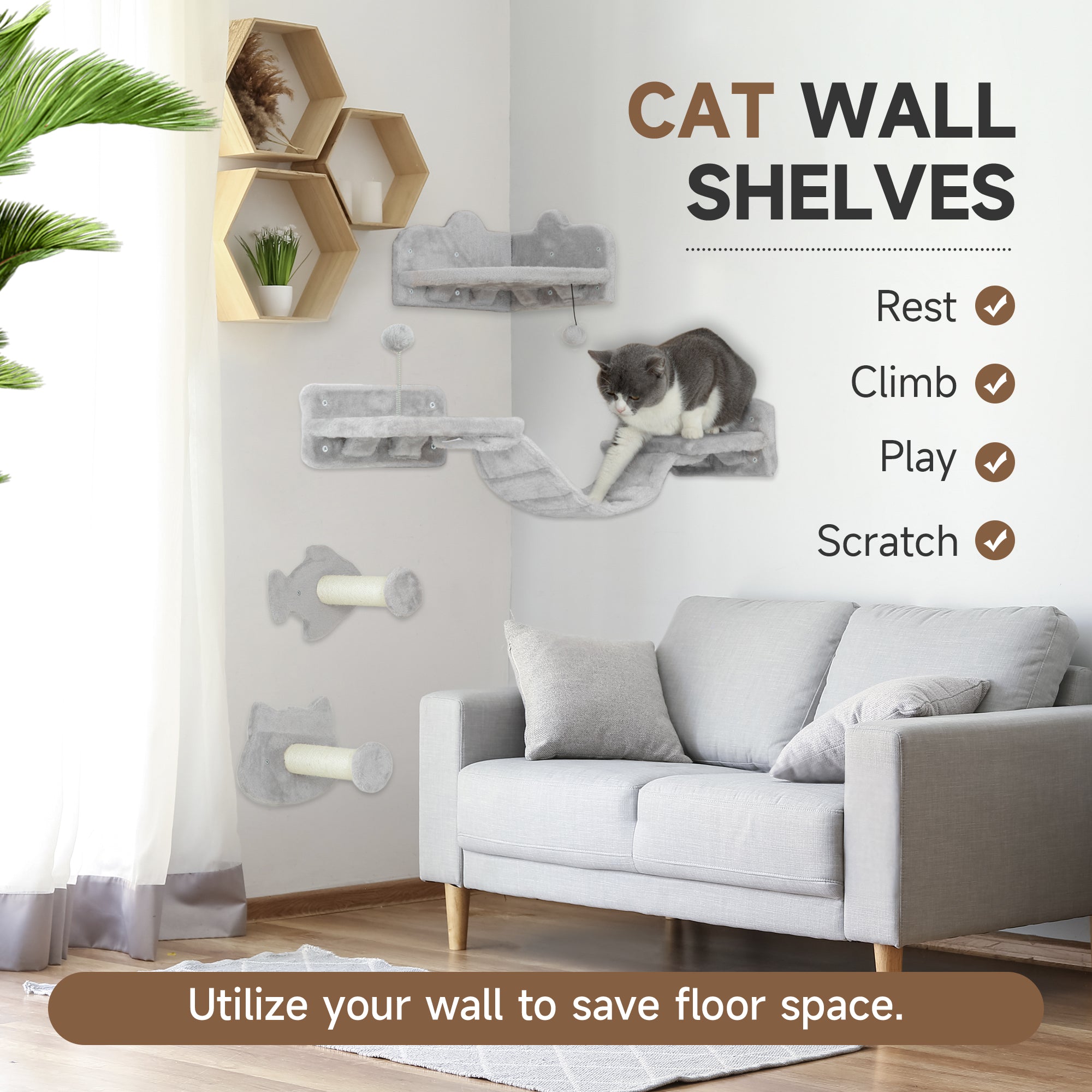 4PCs Cat Wall Shelves with Steps, Ladder, Jumping Platforms, Light Grey