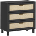 Rattan Bedroom Chest of Drawers, 3 Drawers Storage Unit, Boho Dresser for Living Room, Hallway, Black