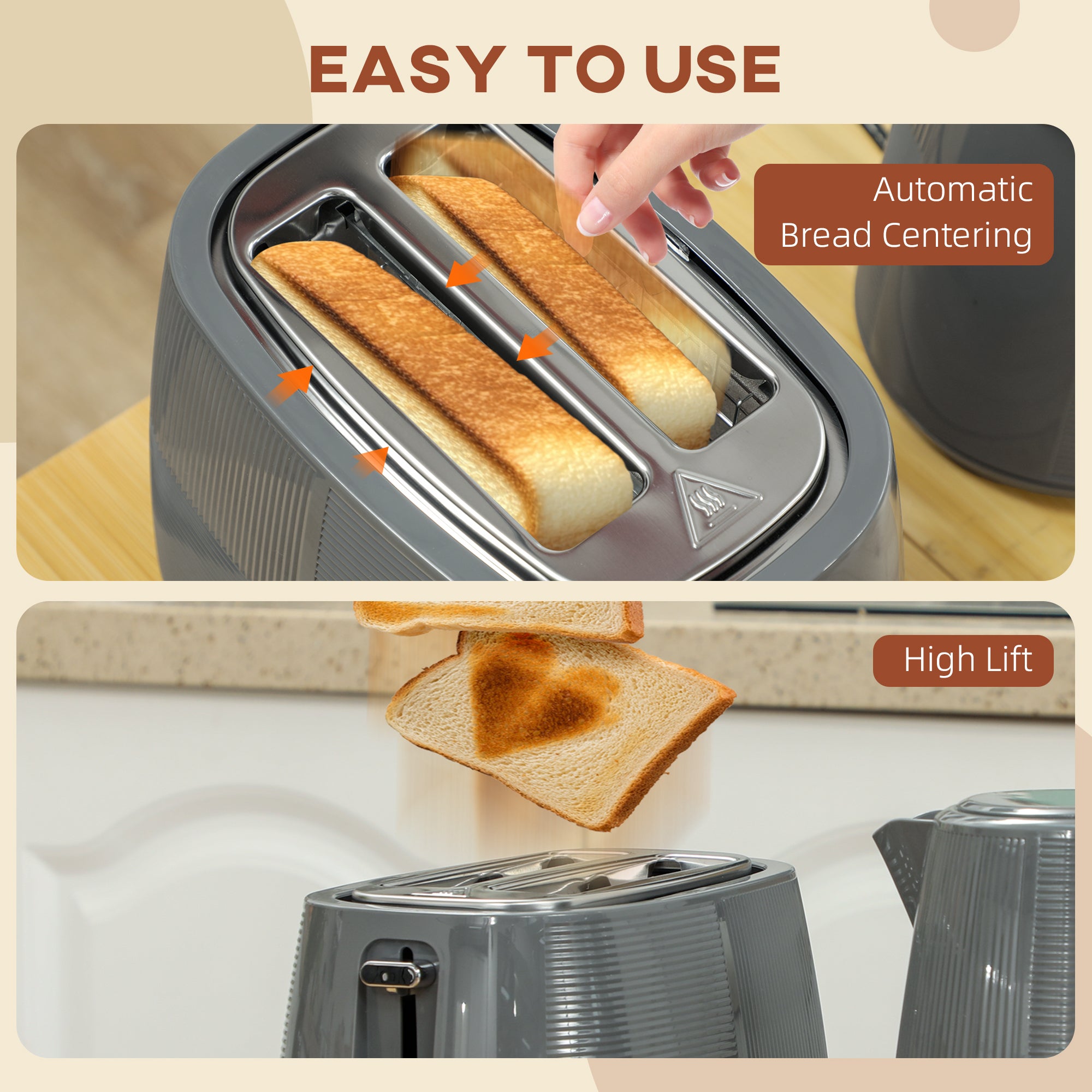 1.7L 3000W Kettle and 2-Slice Toaster Set with 7 Browning Levels, Defrost & Reheat - Grey