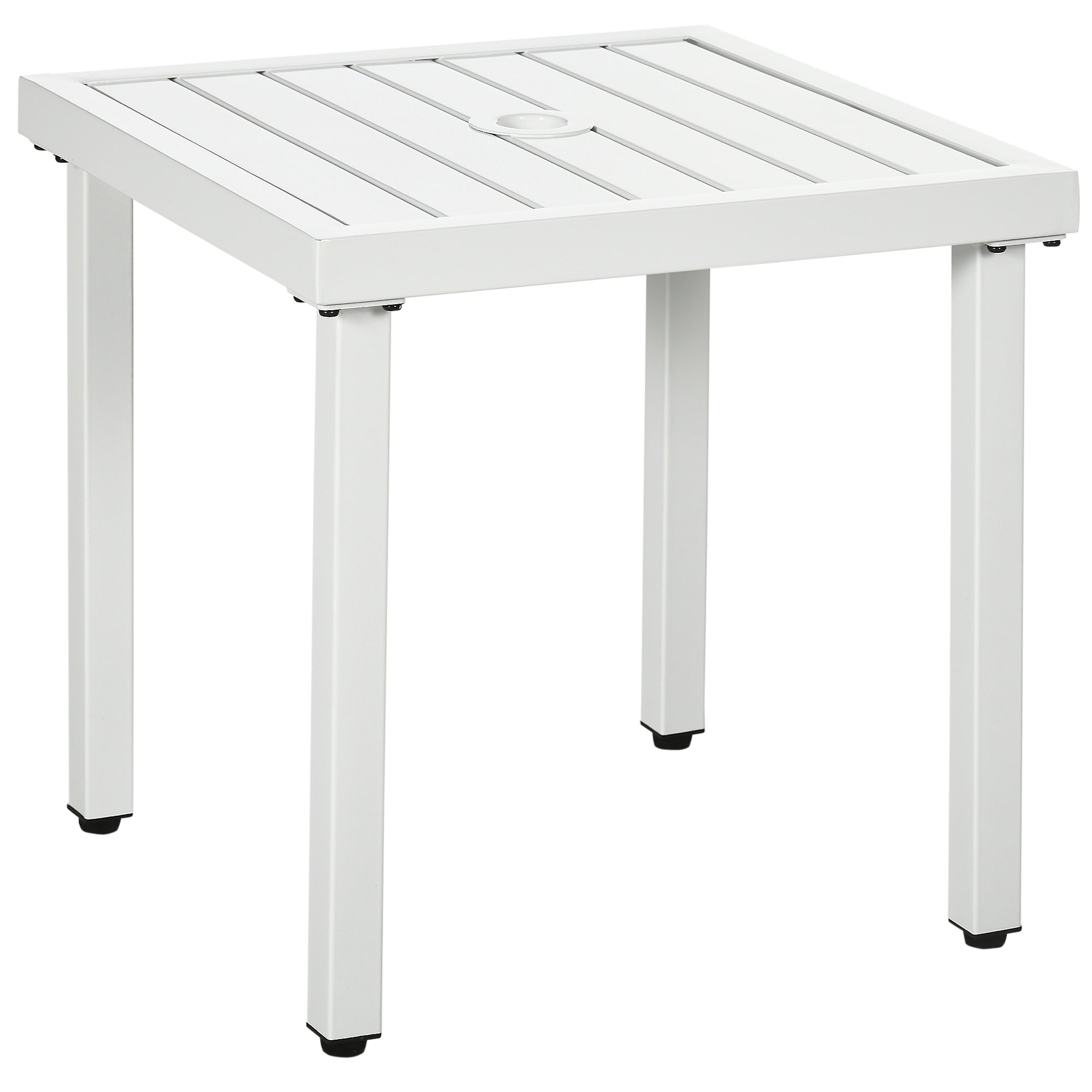 Garden Side Table End Table Patio Coffee Table with Umbrella Hole, Steel Frame for Balcony, White