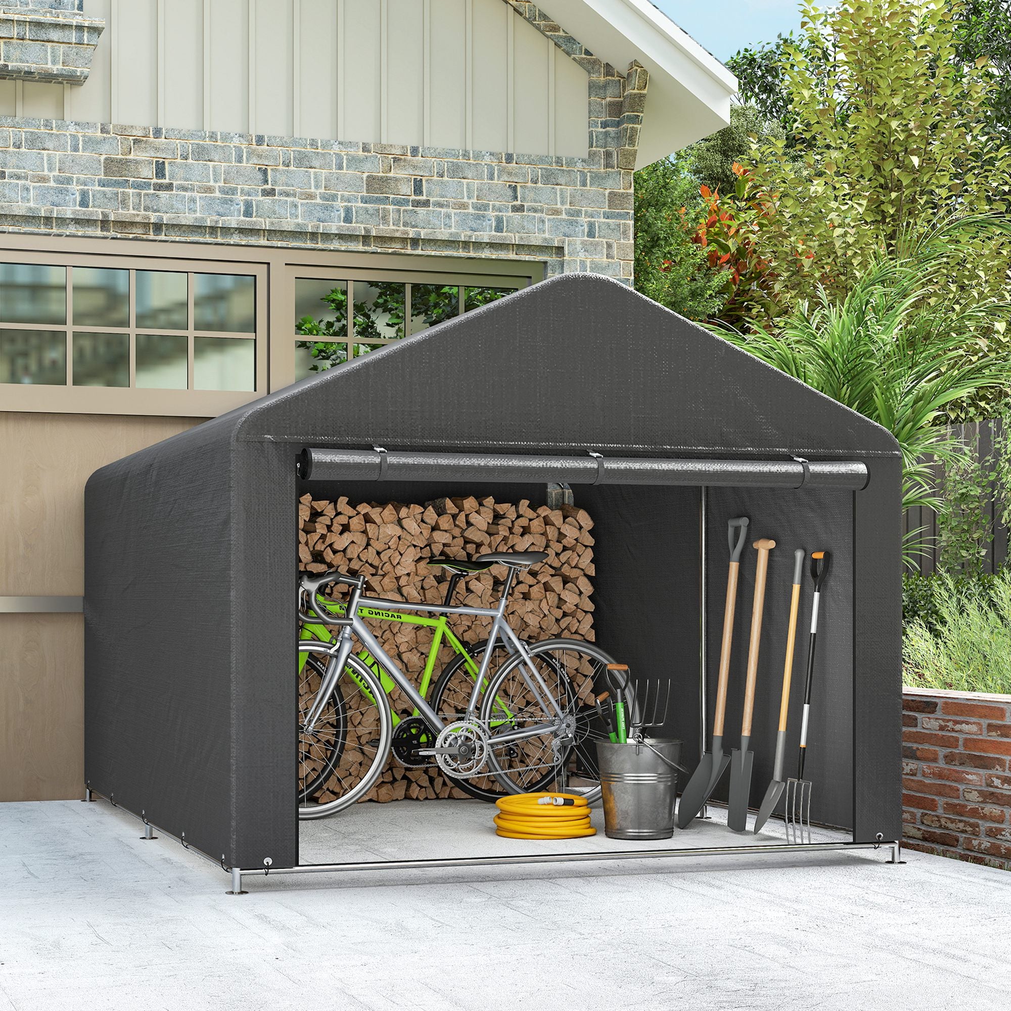 6.6 x 7.8ft Outdoor Garden Storage Shed, Waterproof Bike Tent with Roll-up Zipper Door, Galvanised Metal Frame, Portable Shed Shelter Carport for Motorcycle Garden Tools, Dark Grey
