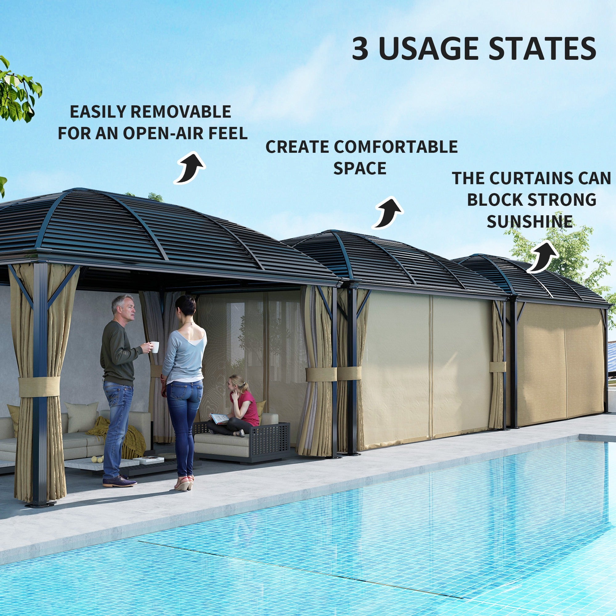 3 x 4m Aluminium Hardtop Gazebo with Netting and Curtains - Brown