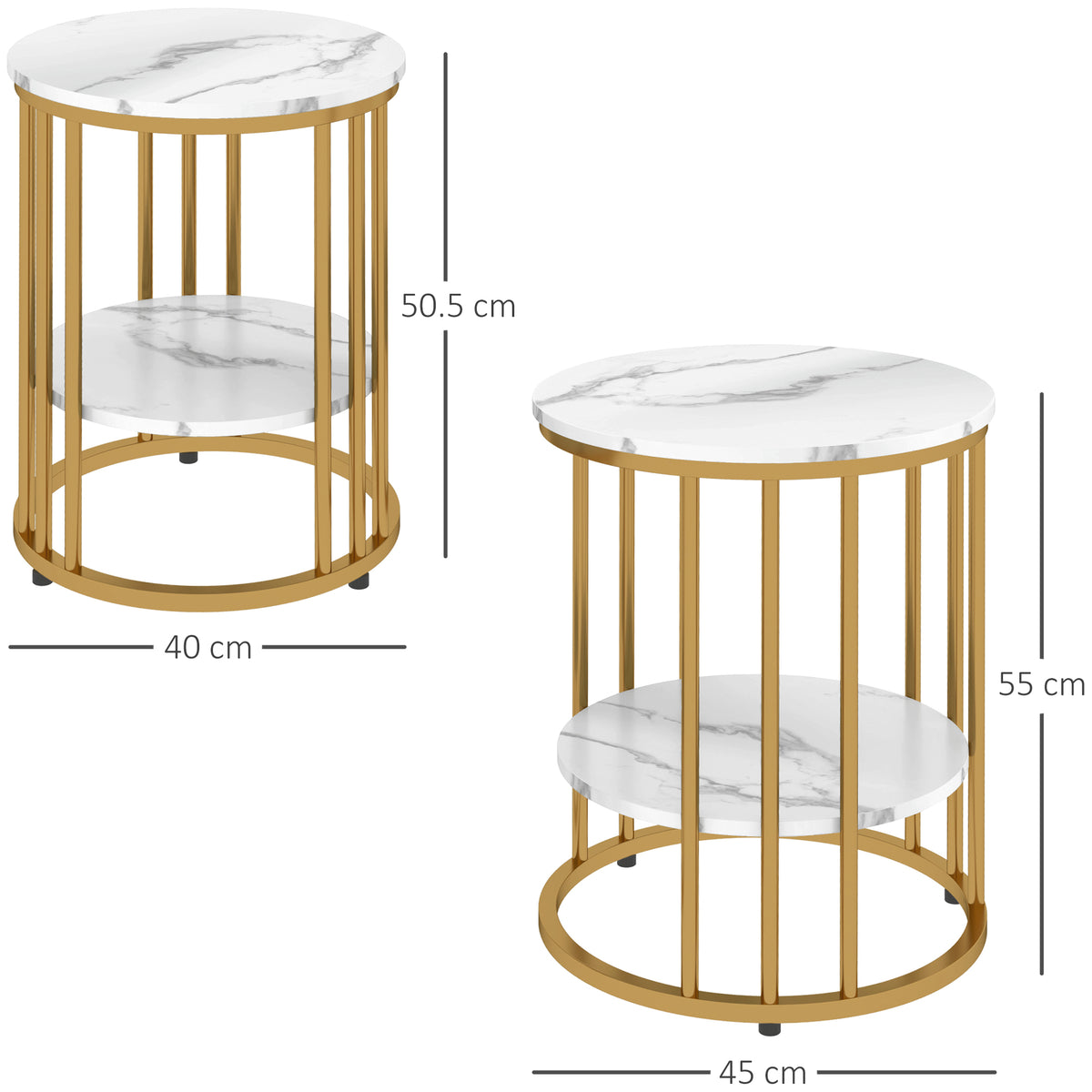 Set of Two Marble-Effect Two-Tier Coffee Tables - White/Gold-Tone