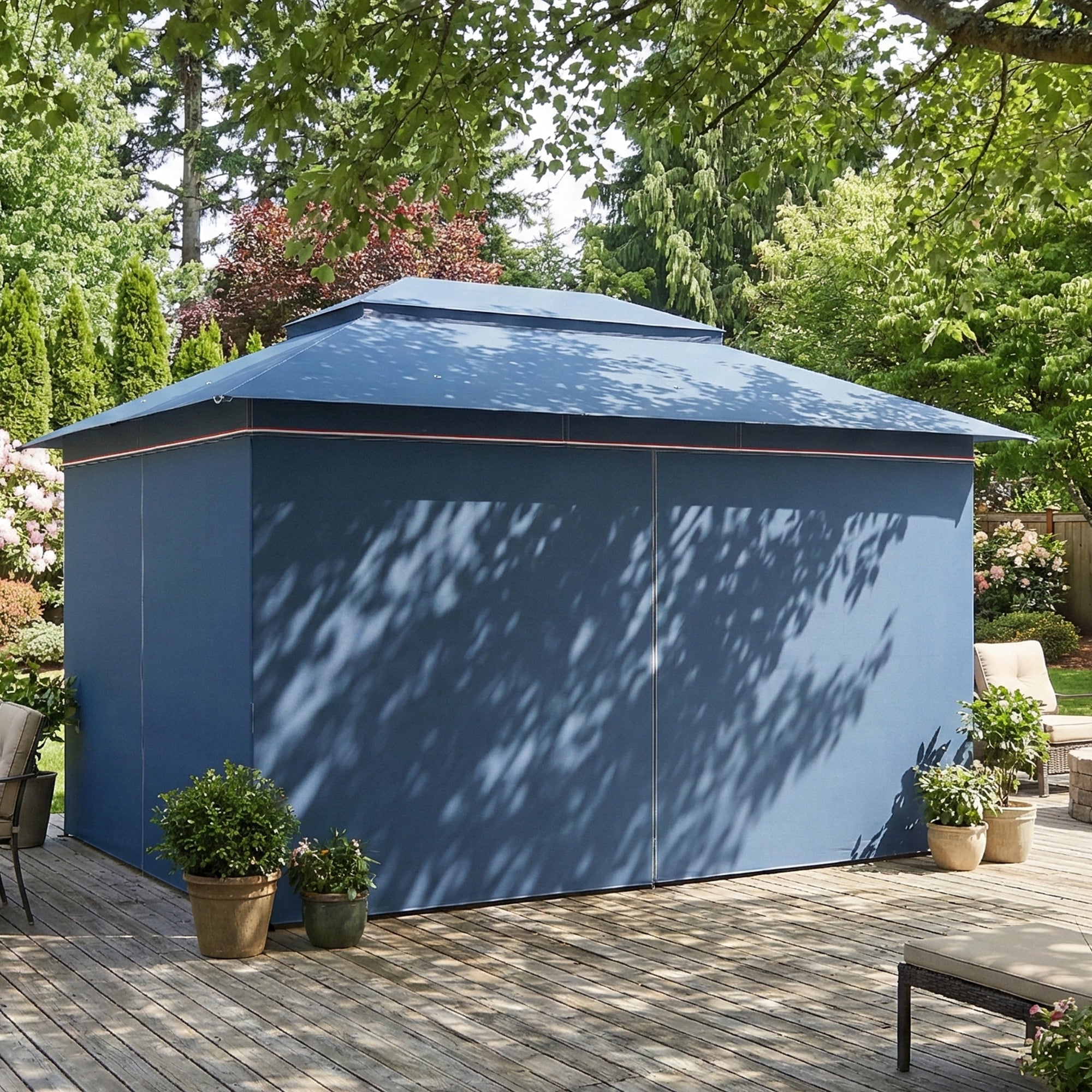 3 x 4 m Outdoor Garden Gazebo with Netting and Curtains, UPF50+ Patio Gazebo Permanent Pavilion Canopy, Dark Blue