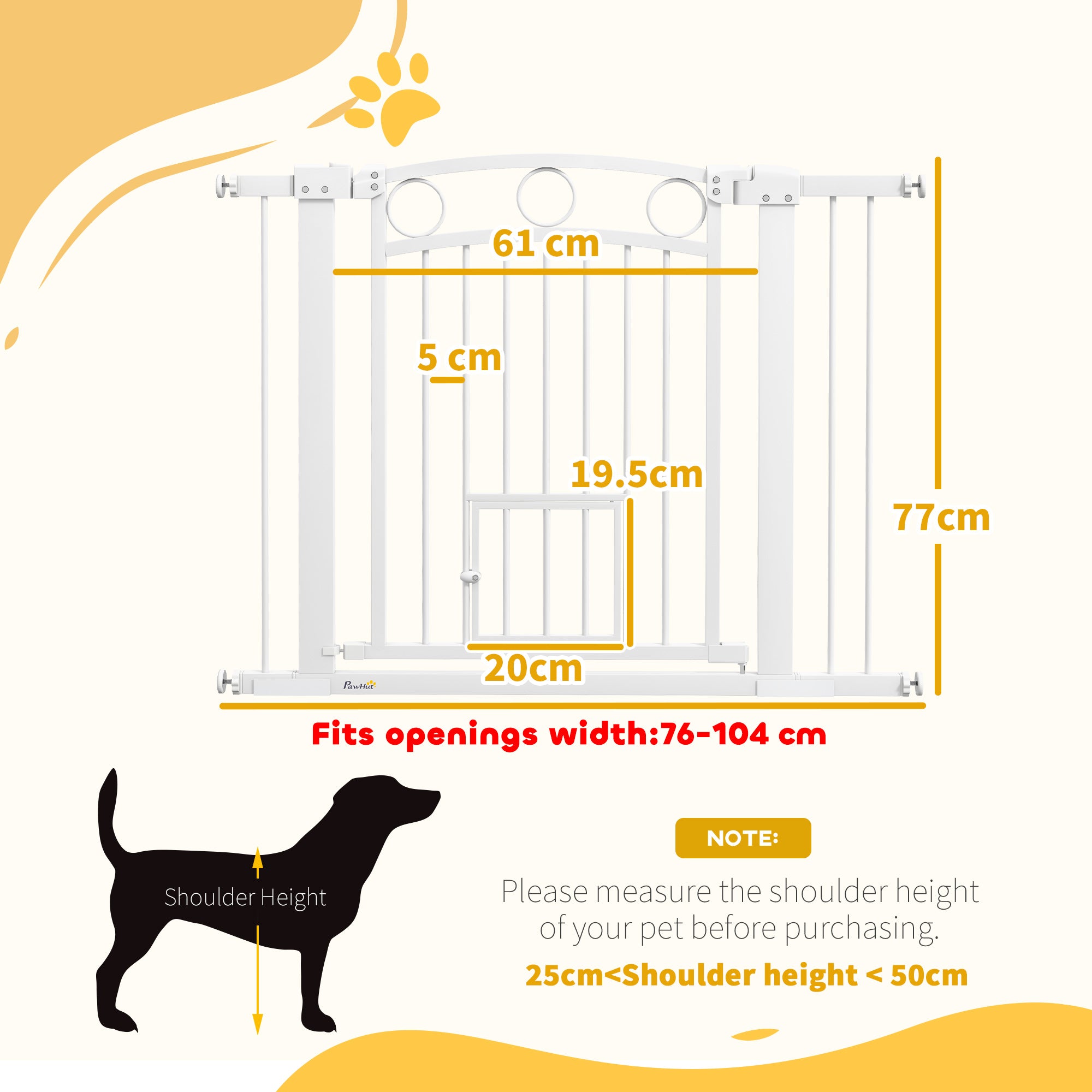 77cm Tall Dog Gate with Cat Door, 7cm and 14cm Extensions, for Stairs & Doorways, 76-104cm Width