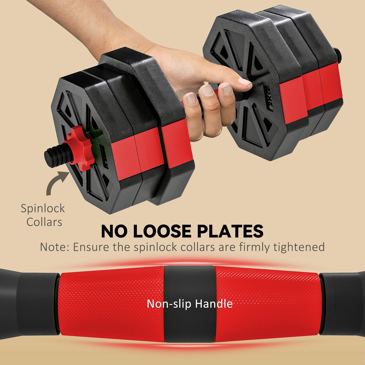 6-in-1 Adjustable Weight Dumbbells Set, Used as Kettlebell, Barbell, Dumbbell, Push-Up Stand, 20kg Free Weights Set for Men and Women Home Gym Training, Red