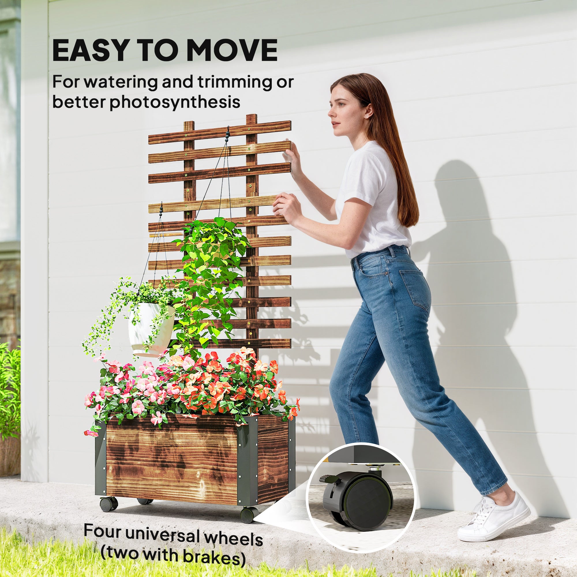Raised Garden Bed with Trellis, Outdoor Wooden Planter Box with Metal Corners and Wheels, Raised Bed for Garden