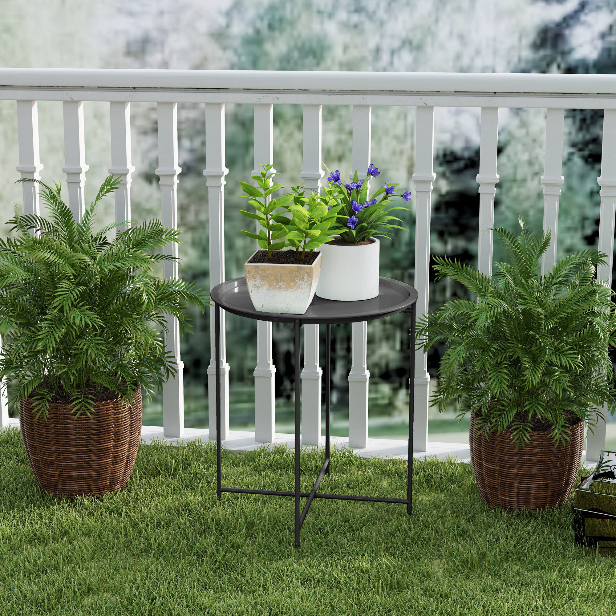 Steel Removable Tray Top Garden Table with Foldable Legs - Black