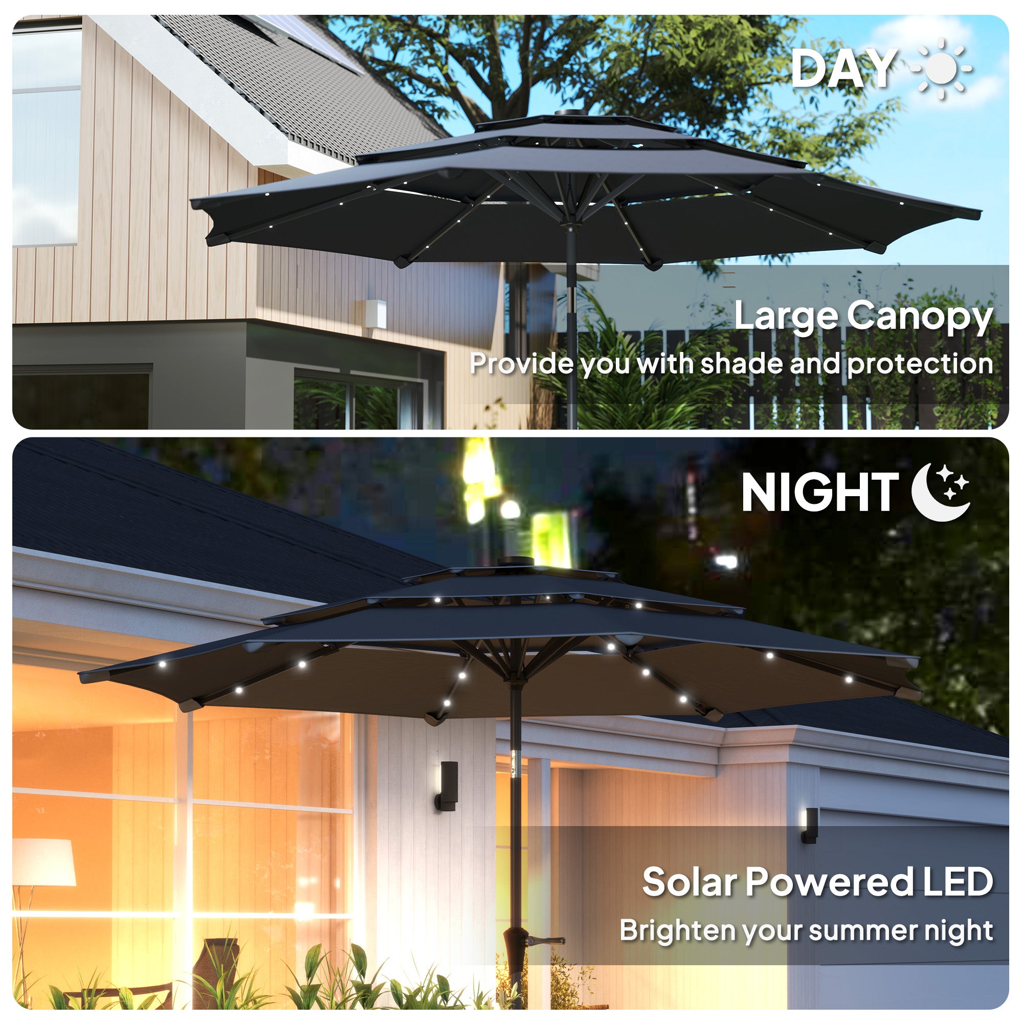 3 Tier Garden Parasol with Solar LED Lights and UPF 30+ Canopy - Dark Grey