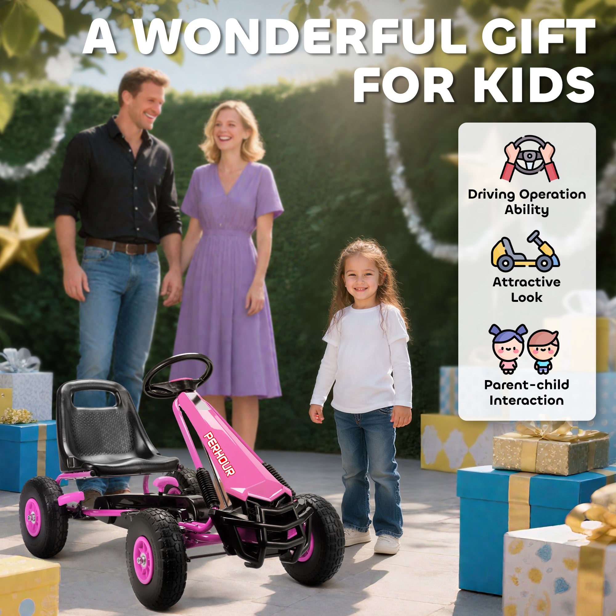 Kids Pedal Go Kart with Adjustable Seat, EVA Tyres, Manual Clutch, Brake, Go Kart for Kids 3-8 Years, Pink