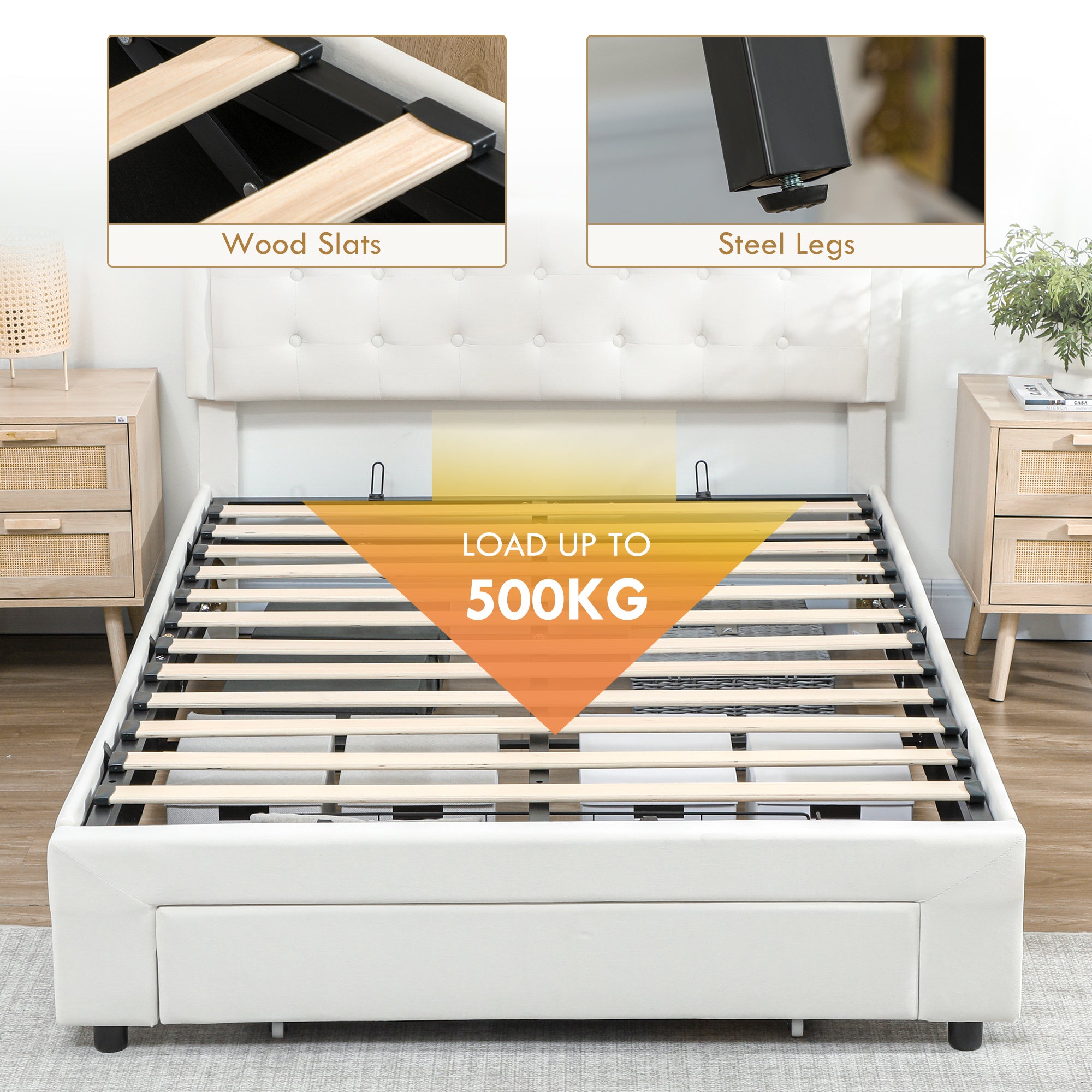 Double Ottoman Bed Frame, with Front Drawer - Cream