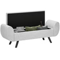 Storage Ottoman with Armrest and Linen Upholstery, Window Seat with Rubberwood Legs - Light Grey