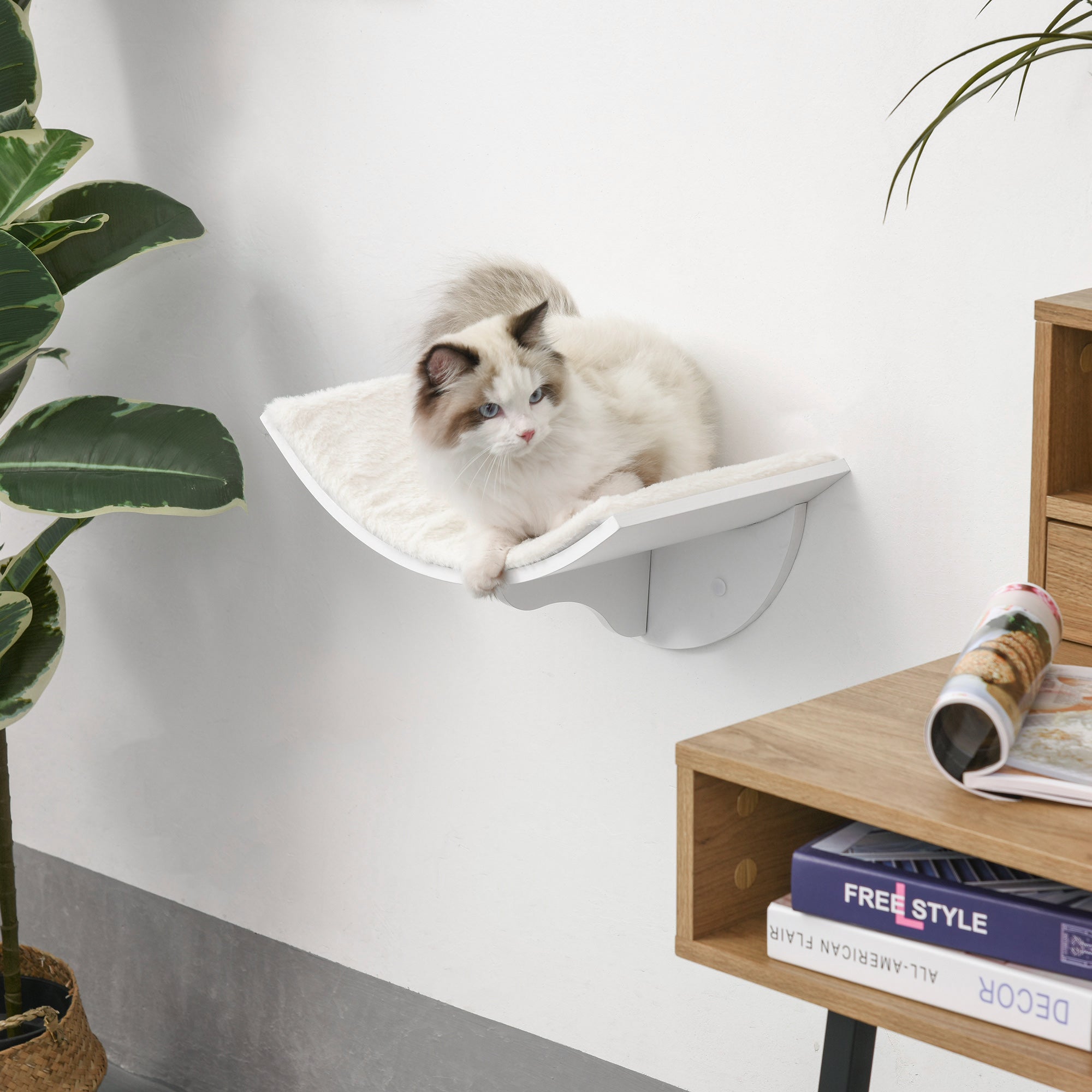 Wood Cat Shelves Wall-Mounted Shelter Curved Kitten Bed Cat Perch Climber Cat Furniture 41 x 28 x 21cm White